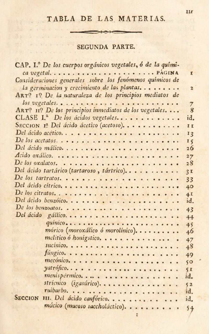 lU TABLA DE LAS, MATERIAS. SEGUNDA PARTE. CAP. 1.® De los cuerpos orgánicos vegetales^ ó de la quími¬ ca vegetal.pAgin4 r Consideraciones generales sobre los fenómenos químicos de la germinación y crecimiento de lai plantas. 2' Art? i 9 De la naturaleza de los principios mediatos de los vegetales. 7 Art? II? De los principios inmediatos de los vegetales, ... ^ CLASE De los ácidos vegetales. id. Sección Del ácido ácetico [acetoso). 11 Del ácido acético. 13 De los acetatos. 15 Del ácido málico. 26 Acido oxálico. 27 De los oxalatos.... 28 Del ácido tartárico (tartaroso , tártrico). 31 De los tartratos. 33 Del ácido cítrico, .. 40 De los citratos. 41 Del ácido benzoico, .. id. De los benzoatos.. . 43 Del ácido gállico. 44 quínico. 4^ mórico [moroxálico 6 morolínico). 46 melitico ó honígstico. 47 sucínico. 4§ fúngico. 49 mecánico. 50 ' yatráfico. 51 menispérmico. id. strícnico [igasúrico)... 52 ruibarbo. id. Sección iii. Dd ácido canférico. id. múcico (mucoso saccholáctico). 54