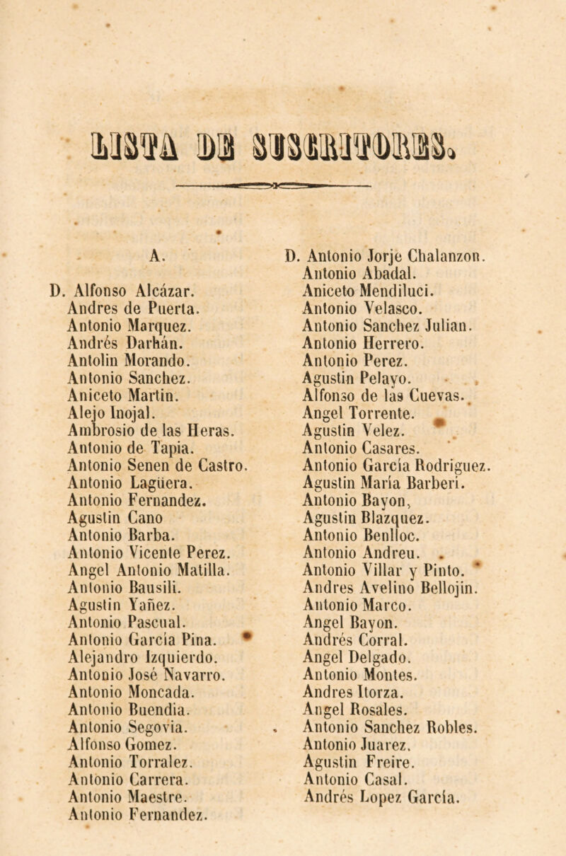 I A. D. Alfonso Alcázar. Andres de Puerta. Antonio Marquez. Andrés Darhán. Antolin Morando. Antonio Sanchez. Aniceto Martin. Alejo Inojal. Ambrosio de las Heras. Antonio de Tapia. Antonio Senen de Castro. Antonio Lagüera. Antonio Fernandez. Aguslin Cano Antonio Barba. Antonio Vicente Perez. Angel Antonio Malilla. Antonio Bausili. Agustín Yañez. Antonio Pascual. Antonio García Pina. * Alejandro Izquierdo. Antonio José Navarro. Antonio Moneada. Antonio Buendia. Antonio Segovia. Alfonso Gomez. Antonio Torralez. Antonio Carrera. Antonio Maestre. Antonio Fernandez. D. Antonio Jorje Chalanzon. Antonio Abadal. Aniceto Mendiluci. Antonio Velasco. Antonio Sanchez Julian. Antonio Herrero. Antonio Perez. Agustín Pelayo. Alfonso de las Cuevas., Angel Torrente. ^ Aguslin Velez. Antonio Casares. Antonio García Rodriguez. Agustín María Barben. Antonio Bayon, Aguslin Blazquez. Antonio Benlloc. Antonio Andreu. . Antonio Villar y Pinto. Andres Avelino Bellojin. Antonio Marco. Angel Bayon. Andrés Corral. Angel Delgado. Antonio Montes. Andres Itorza. Angel Rosales. , Antonio Sanchez Robles. Antonio Juarez. Agustín Freire. Antonio Casal. Andrés Lopez García.