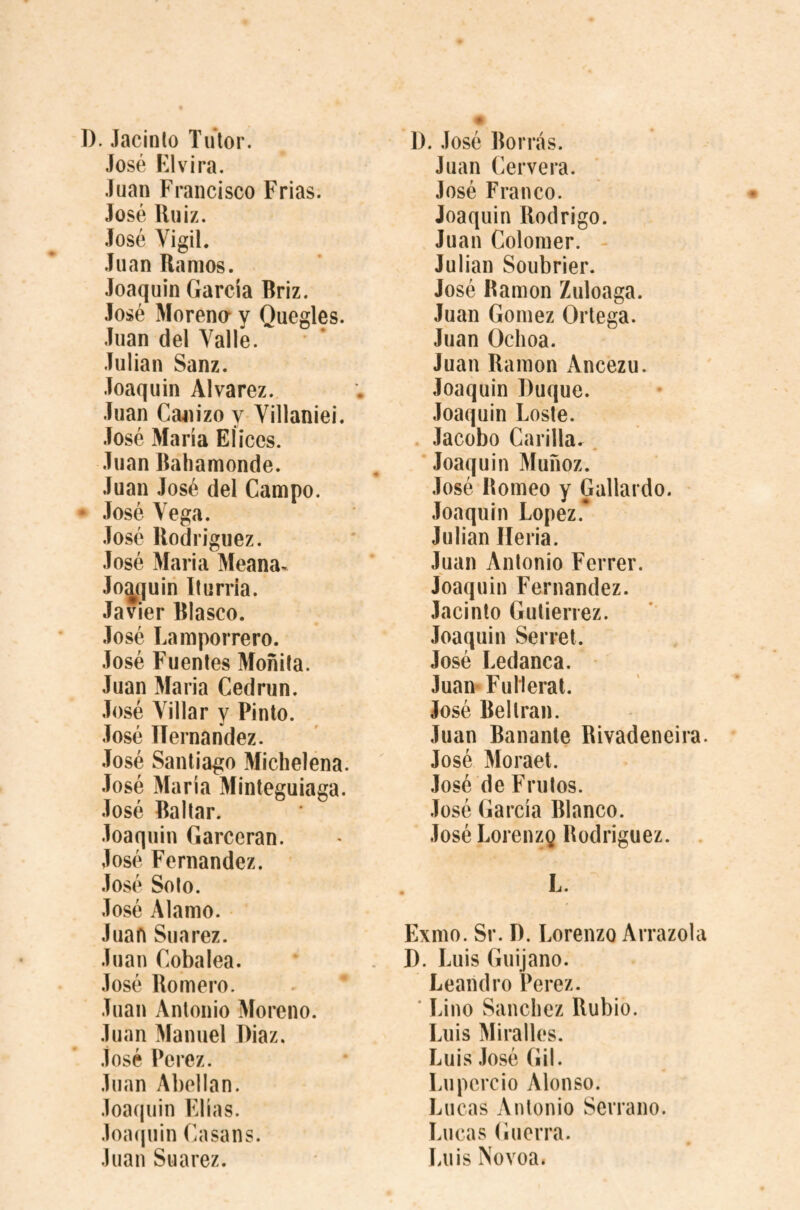 1). Jacinto Tutor. José Elv ira. Juan Francisco Frias. José Ruiz. .losé Vigil. Juan Ramos. Joaquin García Briz. José Morena y Quegles. Juan del Valle.• Julian Sanz. Joaquin Alvarez. Juan Cajiizo y Villaniei. .José María Eíices. Juan Rahamonde. Juan José del Campo. • .José Vega. .José Rodriguez. José Maria Meana- Joaquin Iturria. Javier Blasco. José í.ampoiTero. José Fuentes Mónita. Juan Maria Cedrun. José Villar y Pinto. José Hernández. .José Santiago Michelena. .José María Minteguiaga. .losé Baltar. Joaquin Garceran. José Fernandez. .José Soto. .José Alamo. Juao Suarez. Juan Cobalea. José Romero. Juan Antonio Moreno. Juan Manuel Diaz. José Perez. Juan Abelian. Joaquin l'Jías. Joaíjuin Casans. Juan Suarez. 1). José Borras. Juan Cervera. José Franco. Joaquin Rodrigo. Juan Colomer. Julian Soubrier. José Ramon Zuloaga. Juan Gomez Ortega. Juan Ochoa. Juan Ramon Ancezu. Joaquin Duque. Joaquin Loste. . Jacobo Carilla. . Joaquin Muñoz. José Romeo y Gallardo. Joaquín Lopez.* Julian Ileria. Juan Antonio Ferrer. Joaquin Fernandez. Jacinto Gutierrez. Joaquin Serret. José Ledanca. JuanFulierat. José Beltran. Juan Bañante Rivadeneira. José Morael. José de Frutos. José García Blanco. José Lorenzg Rodriguez. . L. Exmo. Sr. D. í.orenzo Arrazola D. Luis Guijano. Leandro Perez. ‘ Lino Sanchez Rubio. Luis Miralles. Luis José Gil. Lupcrcio Alonso. Lucas Antonio Serrano. Lucas (hierra. ¡aiis Novoa.