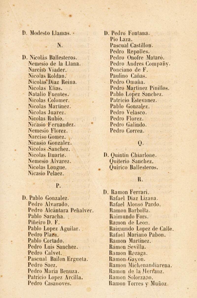 l>. Modesto Llamas. • IS. D. Nicolás Ballesteros. Nemesio de la Llana. Narciso Viader. Nicolas Roldan.’ INicolas'Diaz Reina. Nicolas Elias. • Natalio Fuentes. Nicolas Colomer. Nicolas Martinez. Nicolas Juarez. Nicolas Rubio. Nicasio Fernandez. Nemesio Florez. Narciso Gomez, Nicasio Gonzalez. Nicolas .Sanchez. Nicolas Ituarte. Nemesio Alvarez. Nicolas Longue. Nicasio Pelaez. ■p. D. Pablo Gonzalez.' Pedro Alvarado. Pedro Alcántara Penal ver. Pablo Saracha. . Pineiro D. F. Pablo Lopez Aguilar. . Pedro Piara. Pablo Cortado. Pedro Luis Sanchez. Pedro Cal vet. _ ' Pascual Bailón Ergueta. Pedro Saez. Pedro Maria Benuza. Patricio Lopez Arcilla. Pedro Casanoves. 1). Pedro Fontana. Pio Laza. Pascual Castillon. Pedro Repolles. Pedro Onofre Malaró. Pedro Andres Company. Policiano de F. Paulino Cañas. • Pedro 0 Ill aña. Pedro Majtinez Pinillos. Pablo Lopez Sanchez. Patricio Estevanez. Pablo Gonzalez. Pedro Velasco. Pedro Florez. Pedro Galindo. Pedro Correa. 0. D. Quintil! Chiarlone. Quiteño Sanchez. Quirico Ballesteros. R. f). Ramon Ferrari. Rafael Diaz Lizana. Rafael Alonso Pardo. Ramon Barbolla. Raimundo Fors. Bamon de Leon. Raimundo Lopez de Calle. Rafael Mariano Pabon. Ramon Martinez. Ramon Sevilla. Ramon Rezaga. Ramon.Gayón. Ramon Michenamliarena. Ramon de la Jlerfaiiz. Ramon Solorzaao. Ramon Torres y Muñoz.