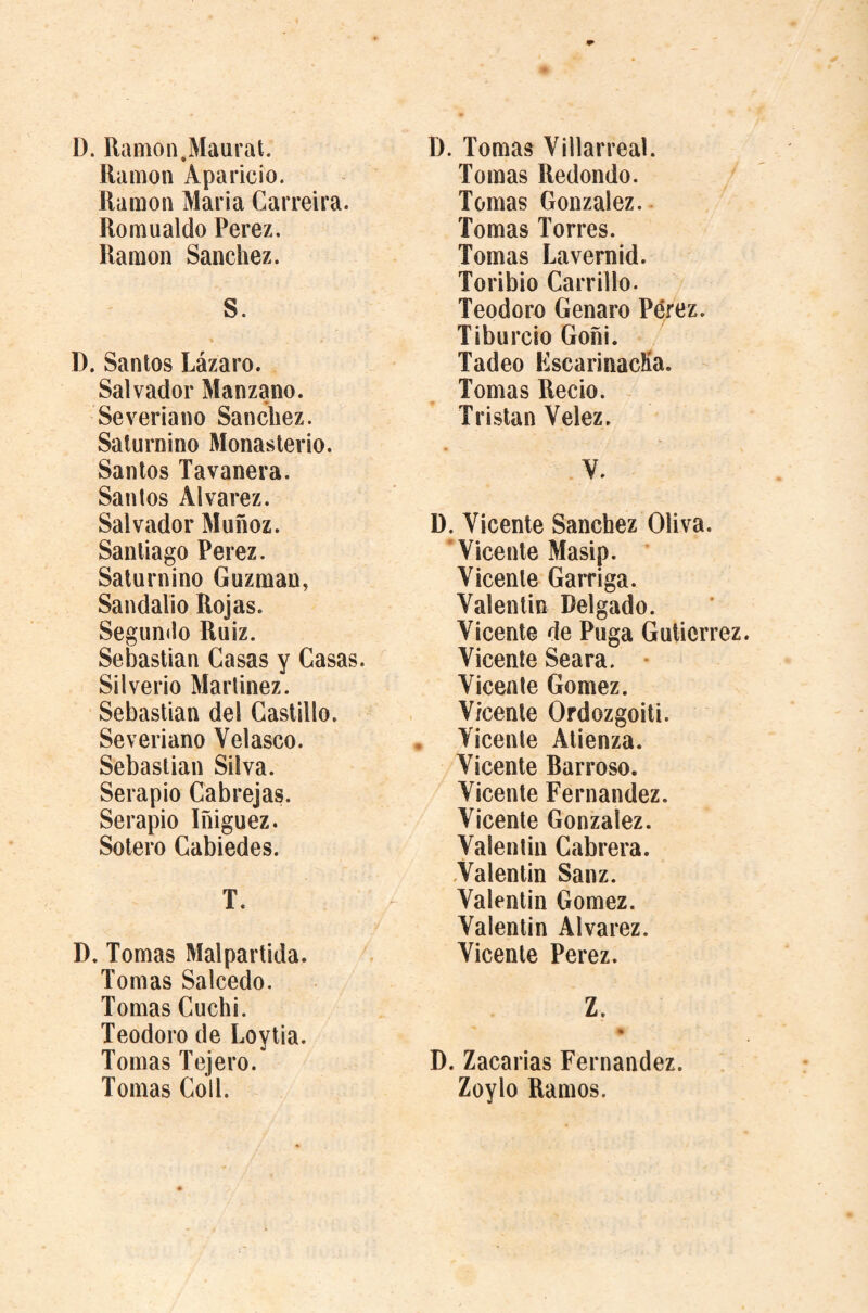 D. Ramon,Maurat. Ramon Aparicio. Ramon Maria Garreira. Romualdo Perez. Ramon Sanchez. S. D. Santos Lázaro. Salvador Manzano. Severiano Sanchez. Saturnino Monasterio. Santos Tavanera. Santos Alvarez. Salvador Muñoz. Santiago Perez. Saturnino Guzman, Sandalio Rojas. Segun<lo Ruiz. Sebastian Casas y Casas. Silverio Martinez. Sebastian del Castillo. Severiano Velasco. Sebastian Silva. Serapio Cabrejas. Serapio Ifiiguez. Sotero Gabiedes. T. D. Tomas Malpartida. Tomas Salcedo. Tomas Cuchi. Teodoro de Loytia. Tomas Tejero. Tomas Coll. D. Tomas Villarreal. Tomas Redondo. Tomas Gonzalez.- Tomas Torres. Tomas Lavernid. Toribio Carrillo. Teodoro Genaro Pérez. Tiburcio Goñi. Tadeo KscarinacKa. Tomas Recio. Tristan Velez. V. D. Vicente Sanchez Oliva. Vicente Masip. Vicente Garriga. Valentin Delgado. Vicente de Puga Gutierrez. Vicente Seara. • Vicente Gomez. Vicente Ordozgoiti. Vicente Alienza. Vicente Rarroso. Vicente Fernandez. Vicente Gonzalez. Valentin Cabrera. -Valentin Sanz. Valentin Gomez. Valentin Alvarez. Vicente Perez. Z. D. Zacarías Fernandez. Zoylo Ramos.