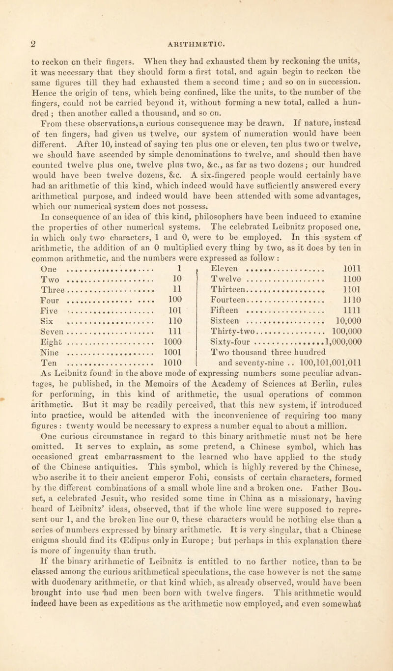 to reckon on their fingers. When they had exhausted them by reckoning the units, it was necessary that they should form a first total, and again begin to reckon the same figures till they had exhausted them a second time; and so on in succession. Hence the origin of tens, which being confined, like the units, to the number of the fingers, could not be carried beyond it, without forming a new total, called a hun¬ dred ; then another called a thousand, and so ori. From these observations, a curious consequence may be drawn. If nature, instead of ten fingers, had given us twelve, our system of numeration would have been different. After 10, instead of saying ten plus one or eleven, ten plus two or twelve, we should have ascended by simple denominations to twelve, and should then have counted twelve plus one, twelve plus two, &c., as far as two dozens; our hundred would have been twelve dozens, &c. A six-fingered people would certainly have had an arithmetic of this kind, which indeed would have sufficiently answered every arithmetical purpose, and indeed would have been attended with some advantages, which our numerical system does not possess. In consequence of an idea of this kind, philosophers have been induced to examine the properties of other numerical systems. The celebrated Leibnitz proposed one, in which only two characters, 1 and 0, were to be employed. In this system of arithmetic, the addition of an 0 multiplied every thing by two, as it does by ten in common arithmetic, and the numbers were expressed as follow : One Two Three Four Five Six Seven Eight Nine Ten 1 10 11 100 101 110 111 1000 1001 1010 Eleven . Twelve , Thirteen. Fourteen, Fifteen . 1011 1100 1101 mo mi Sixteen . 10,000 Thirty-two. 100,000 Sixty-four.1,000,000 Two thousand three huudred and seventy-nine .. 100,101,001,011 As Leibnitz found in the above mode of expressing numbers some peculiar advan¬ tages, he published, in the Memoirs of the Academy of Sciences at Berlin, rules for performing, in this kind of arithmetic, the usual operations of common arithmetic. But it may be readily perceived, that this new system, if introduced into practice, would be attended with the inconvenience of requiring too many figures : twenty would be necessary to express a number equal to about a million. One curious circumstance in regard to this binary arithmetic must not be here omitted. It serves to explain, as some pretend, a Chinese symbol, which has occasioned great embarrassment to the learned who have applied to the study of the Chinese antiquities. This symbol, which is highly revered by the Chinese, who ascribe it to their ancient emperor Fohi, consists of certain characters, formed by the different combinations of a small whole line and a broken one. Father Bou- set, a celebrated Jesuit, who resided some time in China as a missionary, having heard of Leibnitz’ ideas, observed, that if the whole line were supposed to repre¬ sent our 1, and the broken line our 0, these characters would be nothing else than a series of numbers expressed by binary arithmetic. It is very singular, that a Chinese enigma should find its CEdipus only in Europe; but perhaps in this explanation there is more of ingenuity than truth. If the binary arithmetic of Leibnitz is entitled to no farther notice, than to be classed among the curious arithmetical speculations, the case however is not the same with duodenary arithmetic, or that kind which, as already observed, would have been brought into use “had men been born with twelve fingers. This arithmetic would indeed have been as expeditious as the arithmetic now employed, and even somewhat