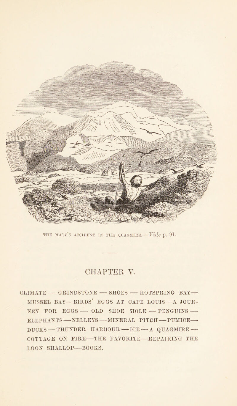 CHAPTER V. CLIMATE — GRINDSTONE — SHOES — IIOTSPRING BAY- MUSSEL BAY—BIRDS’ EGGS AT CAPE LOUIS—A JOUR¬ NEY FOR EGGS — OLD SHOE HOLE — PENGUINS — ELEPHANTS—NELLEYS—MINERAL PITCH — PUMICE— DUCKS — THUNDER HARBOUR—ICE—A QUAGMIRE — COTTAGE ON FIRE—THE FAVORITE—REPAIRING THE LOON SHALLOP—BOOKS.