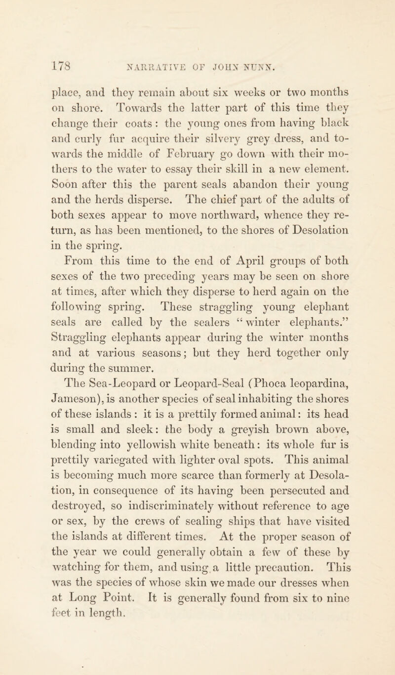 place, and they remain about six weeks or two months on shore. Towards the latter part of this time they change their coats : the young ones from having black and curly fur acquire their silvery grey dress, and to¬ wards the middle of February go down with their mo¬ thers to the water to essay their skill in a new element. Soon after this the parent seals abandon their young and the herds disperse. The chief part of the adults of both sexes appear to move northward, whence they re¬ turn, as has been mentioned, to the shores of Desolation in the spring. From this time to the end of April groups of both sexes of the two preceding years may be seen on shore at times, after which they disperse to herd again on the following spring. These straggling young elephant seals are called by the sealers “ winter elephants.” Straggling elephants appear during the winter months and at various seasons; but they herd together only during the summer. The Sea-Leopard or Leopard-Seal (Phoca leopardina, Jameson), is another species of seal inhabiting the shores of these islands : it is a prettily formed animal: its head is small and sleek: the body a greyish brown above, blending into yellowish white beneath: its whole fur is prettily variegated with lighter oval spots. This animal is becoming much more scarce than formerly at Desola¬ tion, in consequence of its having been persecuted and destroyed, so indiscriminately without reference to age or sex, by the crews of sealing ships that have visited the islands at different times. At the proper season of the year we could generally obtain a few of these by watching for them, and using a little precaution. This was the species of whose skin we made our dresses when at Long Point. It is generally found from six to nine feet in length.
