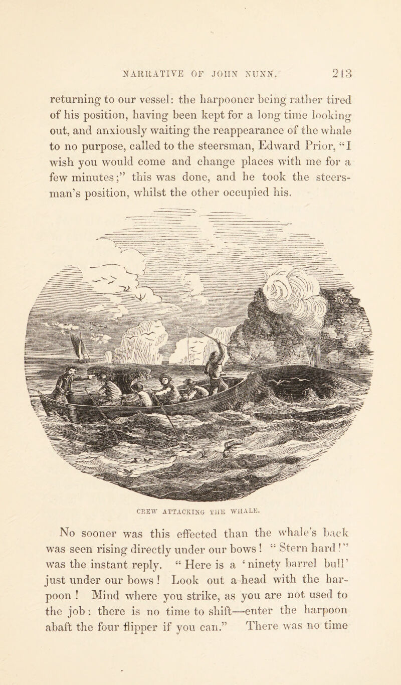 returning to our vessel: the harpooner being rather tired of his position, having been kept for a long time looking out, and anxiously waiting the reappearance of the whale to no purpose, called to the steersman, Edward Prior, “I wish you would come and change places with me for a few minutesthis was done, and he took the steers¬ man’s position, whilst the other occupied his. CREW ATTACKING THE WHALE. No sooner was this effected than the whales back was seen rising directly under our bows ! “ Stern hard ? ” was the instant reply. “ Here is a £ ninety barrel bull just under our bov/s ! Look out a head with the har¬ poon ! Mind where you strike, as you are not used to the job : there is no time to shift—enter the harpoon abaft the four flipper if you can.” There was no time