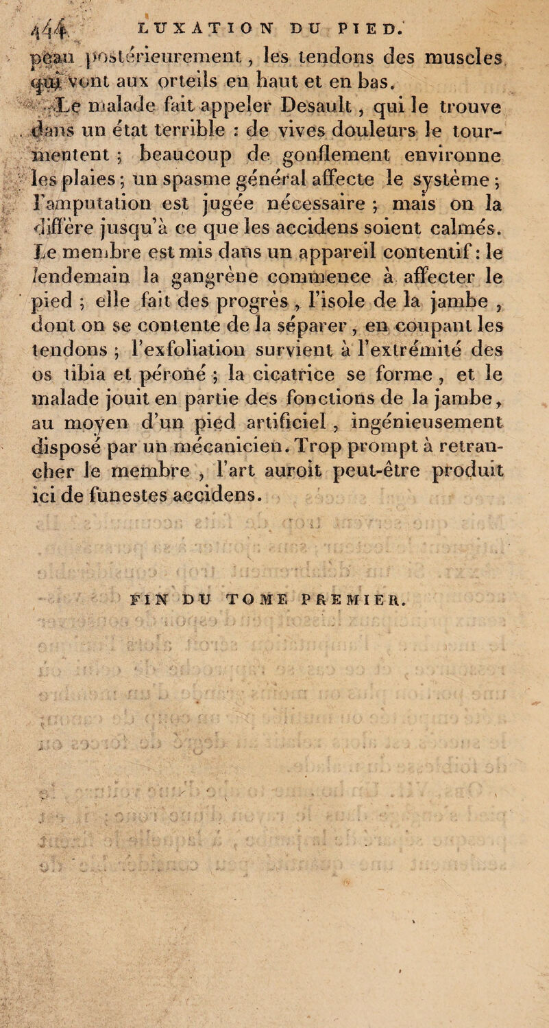 /j 44- LUXATION DU PIED.' peau postérieurement, les tendons des muscles qui vont aux orteils en haut et en bas. Le malade fait appeler Desault, qui le trouve . dans un état terrible : de vives douleurs le tour¬ mentent ; beaucoup de gonflement environne les plaies ; un spasme général affecte le système *, l'amputation est jugée nécessaire ; mais on la diffère jusqu’à ce que les accidens soient calmés, le membre est mis dans un appareil contentif : le lendemain la gangrène commence à affecter le pied ; elle fait des progrès , l’isole de la jambe , dont on se contente de la séparer , en coupant les tendons ; rexfoliation survient à l’extrémité des os tibia et péroné ; la cicatrice se forme , et le malade jouit en partie des fonctions de la jambe, au moyen d’un pied artificiel , ingénieusement disposé par un mécanicien. Trop prompt à retran¬ cher le membre ? l’art auroit peut-être produit ici de funestes accidens. FIN DU TOME PREMIER.