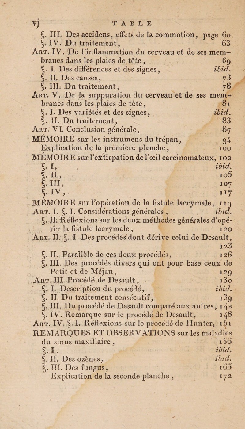VJ §. HT. Des accidens, effets de la commotion, page 60 §. IV. Du traitement, 65 Art. IV. De l’inflammation du cerveau et de ses mem¬ branes dans les plaies de tête , 69 §. I. Des différences et des signes, ibid. §. IL Des causes, 73 §. III. Du traitement, 78 Art. V. De la suppuration du cerveau et cle ses mem¬ branes dans les plaies de tête, 81 §. I. Des variétés et des signes, ibid. §. II. Du traitement, 83 Art. VI. Conclusion générale, 87 MEMOIRE sur les instrumens du trépan, 94 Explication de la première planche, 100 MEMOIRE sur l’extirpation de l’oeil carcinomateux, 102 §. I, , ibid. 5. II, io5 §.III, 107 5. iv,-.;! 117 MEMOIRE sur l’opération de la fistule lacrymale, 119 Art. I. §. I. Considérations générales , ibid. §. II. Réflexions sur les deux méthodes générales d’opé¬ rer la fistule lacrymale, 1 20 Art. II. §. I. Des procédé^dont dérive celui de Desault, 123 IL Parallèle de ces deux procédés, 126 §. III. Des procédés divers qui ont pour base ceux de Petit et de Méjan , 129 Art. III. Procédé de Desault, i3o §. I. Description du procédé, ibid. IL Du traitement consécutif, i3g §. III. Du procédé de Desault comparé aux autres, 142 §. IV. Remarque sur le procédé de Desault, 148 Art. IV. §. I. Réflexions sur le procédé de Hunter, 1^1 REMARQUES ET OBSERVATIONS sur les maladies du sinus maxillaire, i56 §. I , ibid. Ç. IL Des ozènes, ibid. §. III. Des fungus, i65 Explication de la seconde planche , 172