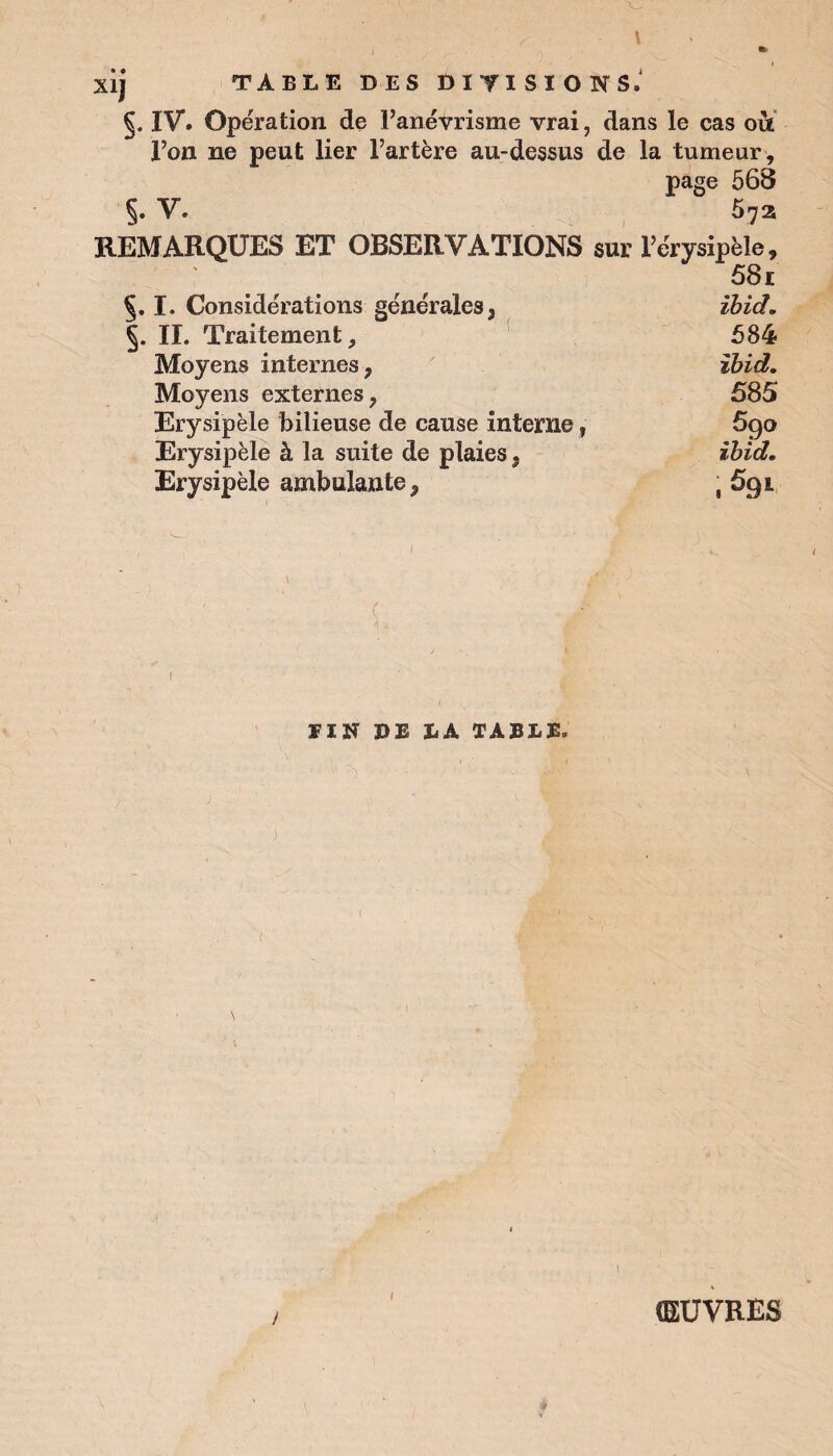 j TABLE DES DIYISIOIVS. IV. Opération de l’anévrisme vrai, dans le cas où l’on ne peut lier l’artère au-dessus de la tumeur , page 568 §. V. 57a REMARQUES ET OBSERVATIONS sur l’érysipèle, 58i Ç. I. Considérations générales, ïbid. §. IL Traitement, 584 Moyens internes, ïbid. Moyens externes, 585 Erysipèle bilieuse de cause interne, 690 Erysipèle à la suite de plaies, ïbid. Erysipèle ambulante, ; £91 1 FIN PE PA TABLE, ' ' 1 M ‘ Æ ( t \ V I ! ŒUVRES
