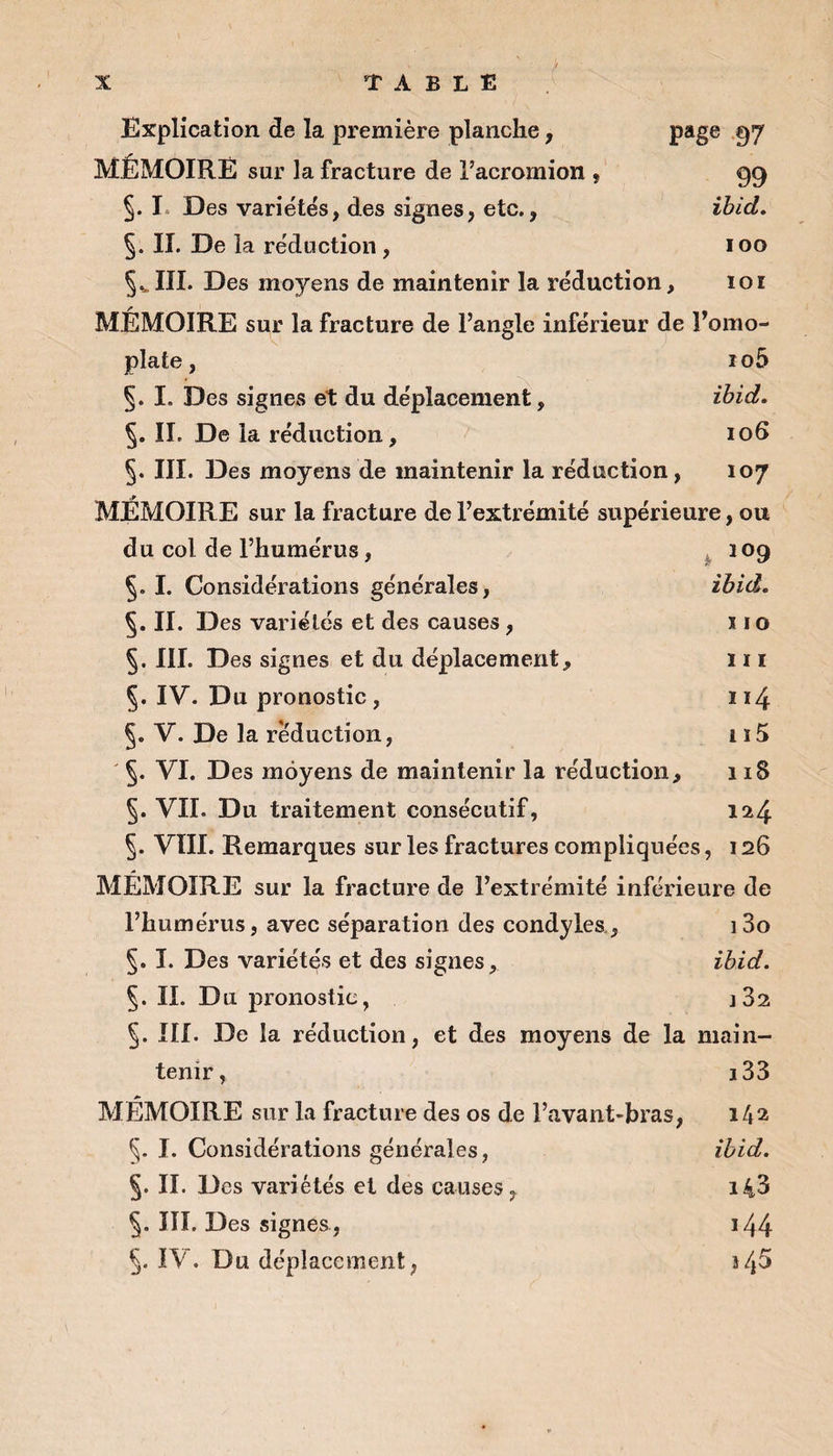 Explication de la première planche, page 97 MÉMOIRE sur la fracture de l’acromion , 99 §. I Des variétés, des signes, etc., ibid. 5. II. De la réduction , 100 5.III. Des moyens de maintenir la réduction, 101 MÉMOIRE sur la fracture de l’angle inférieur de l’omo¬ plate , io5 §. I. Des signes et du déplacement, ibid. 5. II. De la réduction, 106 §. III. Des moyens de maintenir la réduction, 107 MÉMOIRE sur la fracture de l’extrémité supérieure, ou du col de l’humérus, 109 §0 I. Considérations générales, ibid. §. II. Des variétés et des causes, 11 o 5. III. Des signes et du déplacement, 111 §. IV. Du pronostic, 114 V. De la réduction, 1 ï5 Ç. VI. Des moyens de maintenir la réduction, 118 §. VIL Du traitement consécutif, 124 §. VIII. Remarques sur les fractures compliquées, 126 MÉMOIRE sur la fracture de l’extrémité inférieure de l’humérus, avec séparation des condylea, i3o §. I. Des variétés et des signes, ibid. §. II. Du pronostic, 182 §. IIL De la réduction, et des moyens de la main¬ tenir, 3 33 MÉMOIRE sur la fracture des os de l’avant-bras, i42 5- I. Considérations générales, ibid. §. II. Des variétés et des causes, 143 §. III. Des signes, 144- 5. IV. Du déplacement, 245