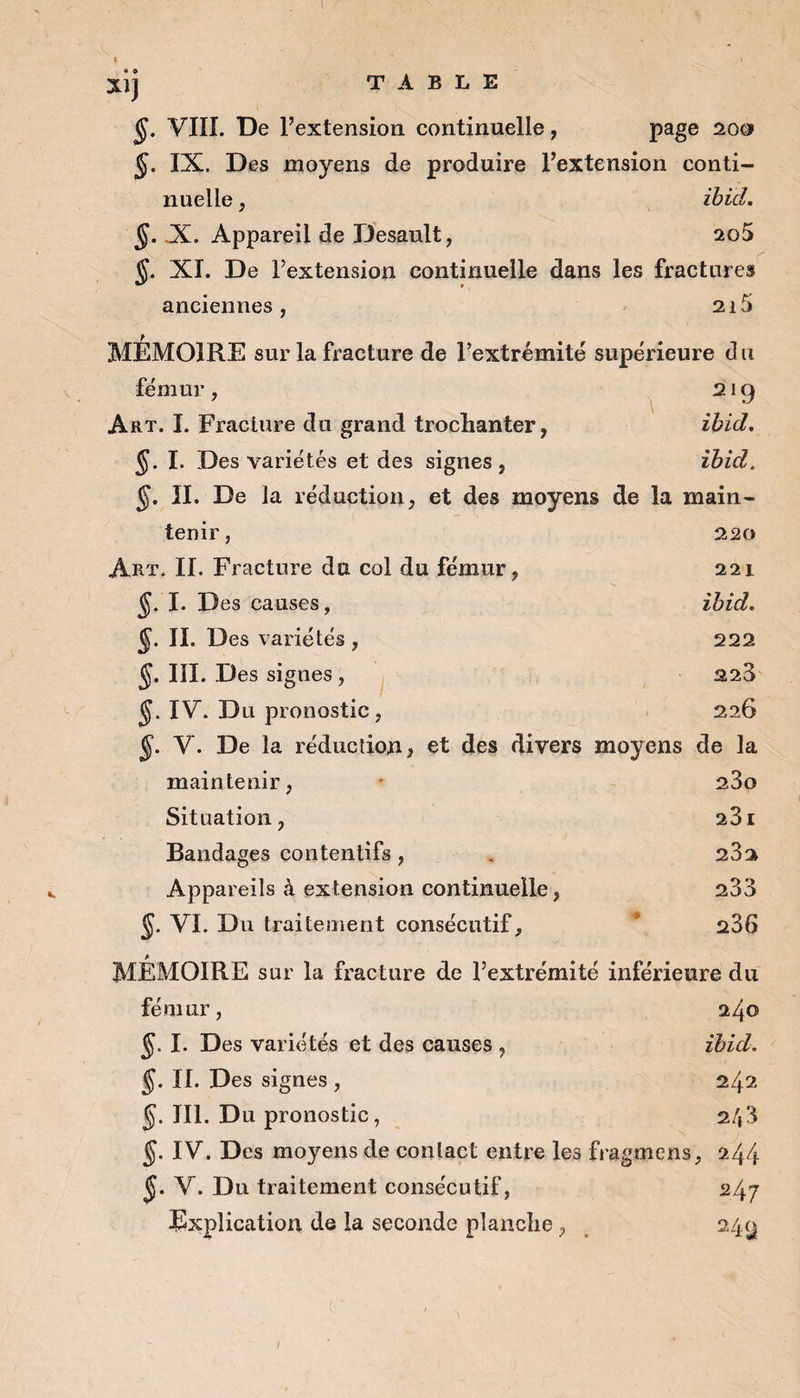 * • t *>j VIII. De l’extension continuelle, page 200 §. IX. Des moyens de produire l’extension conti¬ nuelle , ibid. §. JL, Appareil de Desault, 2o5 J. XI. De l’extension continuelle dans les fractures anciennes, 215 MEMOIRE sur la fracture de l’extrémité supérieure ci u fémur, 219 Art. I. Fracture du grand trochanter, ibid. §. I. Des variétés et des signes , ibid. $. II. De la réduction, et des moyens de la main¬ tenir, 220 Art. II. Fracture du col du fémur, 221 $. I. Des causes, ibid. §■ u. Des variétés, 222 §. III. Des signes , 223 IV. Du pronostic, 226 §. Y. De la réduction, et des divers moyens de la maintenir, * 23q Situation, 231 Bandages contentifs , 232 Appareils à extension continuelle, 233 §. VI. Du traitement consécutif, 236 MEMOIRE sur la fracture de l’extrémité inférieure du fémur, 240 J. I. Des variétés et des causes , ibid. J. II. Des signes , 242 §. III. Du pronostic, 2/§3 §. IV. Des moyens de contact entre les fragmens, 244 $• v. Du traitement consécutif, 247 Explication de la seconde planche, 240 I