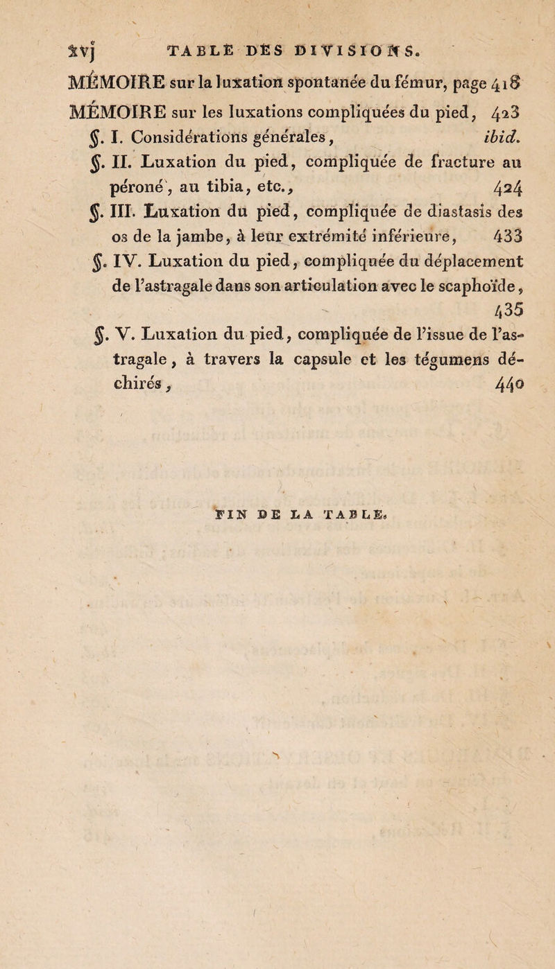 TABLE DÈS DIVISIONS. MÉMOIRE sur la luxation spontanée du fémur, page 418 / l MEMOIRE sur les luxations compliquées du pied, 4^3 J. I. Considérations générales, ibid. §. IL Luxation du pied, compliquée de fracture au péroné, au tibia, etc., 424 §. ni. Luxation du pied, compliquée de diasiasis des os de la jambe, à leur extrémité inférieure, 433 J. IV. Luxation du pied, compliquée du déplacement de l’astragale dans son articulation avec le scaphoïde, 435 §. V. Luxation du pied, compliquée de l’issue de l’as-» tragale, à travers la capsule et les tégumens dé¬ chirés , 44° FIN DE LA TABLE»