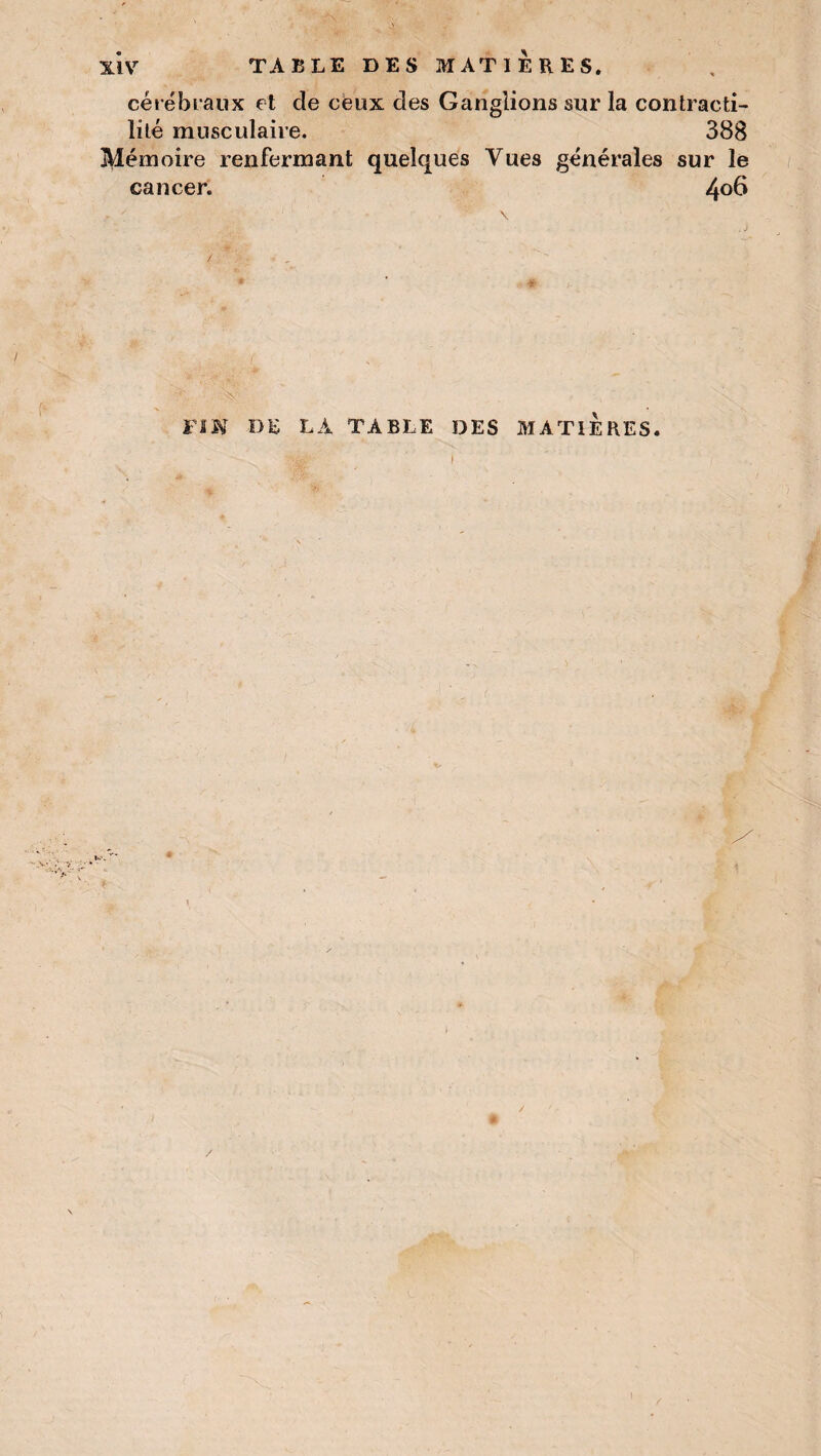 cérébraux et de ceux des Ganglions sur la contracti¬ lité musculaire. 388 Mémoire renfermant quelques Vues générales sur le cancer. 4°^ i FIN DE LA TABLE DES MATIERES. ' i / !