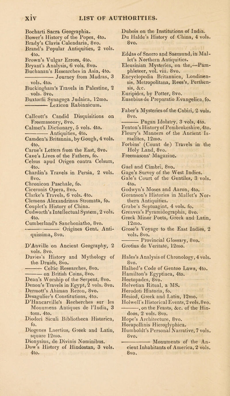Bocharti Sacra Geographia. Bower’s History of the Popes, 4to. Brady’s Clavis Calendaria, 8vo. Brand’s Popular Antiquities, 2 vols. 4to. Brown’s Vulgar Errors, 4to. Bryant’s Analysis, 6 vols. 8vo. Buchanan’s Researches in Asia, 4to. -Journey from Madras, 3 vols. 4to. Buckingham’s Travels in Palestine, 2 vols. 8vo. Buxtorfii Synagoga Judaica, 12mo, -Lexicon Rabinnicum. Callcott’s Candid Disquisitions on Freemasonry, 8vo. Calmet’s Dictionary, 5 vols. 4to. -Antiquities, 4to. Camden’s Britannia, by Gough, 4 vols. 4to. Game’s Letters from the East, 8vo. Cave’s Lives of the Fathers, fo. Celsus apud Origen contra Celsum, 4to. Chardin’s Travels in Persia, 2 vols. 8vo. Chronicon Paschale, fo. Ciceronis Opera, 8vo. Clarke’s Travels, 6 vols. 4to. Clemens Alexandrinus Stromata, fo. Couplet’s History of China. Cudworth’s Intellectual System, 2 vols. 4to. Cumberland’s Sanchoniatho, 8vo. -Origines Gent. Anti- quissima, 8vo. D’Anville on Ancient Geography, 2 vols. 8vo. Davies’s History and Mythology of the Druids, 8vo. -Celtic Researches, 8vo. -on British Coins, 8vo. Dean’s Worship of the Serpent, 8vo. Denon’s Travels in Egypt, 2 vols. 8vo. Dermott’s Ahiman Rezon, 8vo. Desagulier’s Constitutions, 4to. D’Hancarville’s Recherches sur les Monumens Antiques de I’India, 3 tom. 4to. Diodori Siculi Bibliotheca Historica, fo. Diogenes Laertius, Greek and Latin, square 12mo. Dionysius, de Divinis Nominibus. Dow’s History of Hindostan, 3 vols. 4to. Dubois on the Institutions of India. Du Halde’s History of China, 4 vols. 8vo. Eddas of Snorro and Saemund, in Mal¬ let’s Northern Antiquities. Eleusinian Mysteries, on the,—Pam¬ phleteer, vol. viii. 8vo. Encyclopedia Britannica, Londinen- sis, Metropolitana, Rees’s, Perthen- sis, &c. Euripides, by Potter, 8vo. Eusebius de Preparatio Evangelica,fo. Faber’s Mysteries of the Cabiri, 2 vols. 8vo. -Pagan Idolatry, 3 vols, 4to. Fenton’s History of Pembrokeshire, 4to. Fleury’s Manners of the Ancient Is¬ raelites, 12mo. Forbins’ (Count de) Travels in the Holy Land, 8vo. Freemasons’ Magazine. Gael and Cimbri, 8vo. Gage’s Survey of the West Indies. Gale’s Court of the Gentiles, 3 vols. 4to. Godwyn’s Moses and Aaron, 4to. Goranson’s Histories in Mallet’s Nor¬ thern Antiquities. Grabe’s Septuagint, 4 vols. fo. Greaves’s Pyramidographia, 8vo. Greek Minor Poets, Greek and Latin, 12mo. Grose’s Voyage to the East Indies, 2 vols. 8vo. - Provincial Glossary, 8vo. Grotius de Veritate, 12mo. Hales’s Analysis of Chronology, 4 vols. 8vo. Halhed’s Code of Gentoo Laws, 4to. Hamilton’s Egyptiaca, 4to. Heetopades, 8vo. Helvetian Ritual, a MS. Herodoti Historia, fo. Hesiod, Greek and Latin, 12mo. Hoi well’s Historical Events, 2 vols. 8vo. -, on the Feasts, &c. of the Hin¬ doos, 2 vols. 8vo. Hope’s Architecture, 8vo. Horapollinis Hieroglyphica. Humboldt’s Personal Narrative, 7 vols. 8vo. --Monuments of the An¬ cient Inhabitants of America, 2 vols. 8vo.