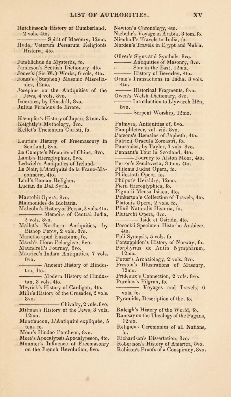 Hutchinson’s History of Cumberland, 2 vols. 4to. -Spirit of Masonry, 12mo. Hyde, Veterum Persarum Religionis flistoria, 4to. Jamblichus de Mysteriis, fo. Jamieson’s Scottish Dictionary, 4to. Jones’s (Sir W.) Works, 6 vols, 4to. Jones’s (Stephen) Masonic Miscella¬ nies, 12mo. Josephus on the Antiquities of the Jews, 4 vols. 8vo. Isocrates, by Dinsdall, 8vo. Julius Firmicus de Errore. Kasmpfer’s History of Japan, 2 tom. fo. Keightly’s Mythology, 8vo. Kellet’s Tricmnium Christi, fo. Laurie’s History of Freemasonry in Scotland, 8vo. Le Compte’s Memoirs of China, 8vo, Lamb’s Hieroglyphics, 8vo. Ledwich’s Antiquities of Ireland. Le Noir, L’Antiquite de la Franc-Ma- 9onnerie, 4to. Lord’s Banian Religion, Lucian de De4 Syria. Macrobii Opera, 8vo. Maimonides de Idolatria. Malcolm’s History of Persia, 2 vols. 4to. ■- Memoirs of Central India, 2 vols. 8vo. Mallet’s Northern Antiquities, by Bishop Percy, 2 vols. 8vo. Manetho apud Eusebium, fo. Marsh’s Horm Pelasgicae, 8vo. Maundrell’s Journey, 8vo. Maurice’s Indian Antiquities, 7 vols. 8vo. -Ancient History of Hindos- tan, 4to. -Modern History of Hindos- tan, 3 vols. 4to. Meyrick’s History of Cardigan, 4to. Mills’s History of the Crusades, 2 vols. 8vo. -Chivalry, 2 vols. 8vo. Milman’s History of the Jews, 3 vols. 12mo. Montfaucon, L’Antiquit6 expliqu6e, 5 tom. fo. Moor’s Hindoo Pantheon, 8vo. More’s Apocalypsis Apocalypseon, 4to. Mounier’s Influence of Freemasonry on the French Revolution, 8vo. Newton’s Chronology, 4to. Niebuhr’s Voyage in Arabia, 3 tom. fo. Nieuhoff’s Travels to India, fo. Norden’s Travels in Egypt and Nubia. Oliver’s Signs and Symbols, 8vo. -Antiquities of Masonry, 8vo. ■-Star in the East, 12mo. -History of Beverley, 4to. Orme’s Transactions in India, 3 vols. 4to. -- Historical Fragments, 8vo. Owen’s Welsh Dictionary, 8vo. —-Introduction to Llywarch H^n, 8vo. -Serpent Worship, 12mo. Palmyra, Antiquities of, 8vo. Pamphleteer, vol. viii. 8vo. Parsons’s Remains of Japheth, 4to. Patricii Oracula Zoroastri, fo. Pausanias, by Taylor, 3 vols. 8vo. Pennant’s Tour in Scotland, 4to. -Journey to Alston Moor, 4to. Perron’s Zendavesta, 3 tom. 4to. Philonis Judaei Opera, fo. Philostrati Opera, fo. Philpot’s Heraldry, 12mo, Pierii Hieroglyphica, fo. Pignorii Mensa Isiaca, 4to. Pinkerton’s Collection of Travels, 4to. Platonis Opera, 2 vols. fo. Plinii Naturalis Historia, fo. Plutarchi Opera, 8vo. -Iside et Osiride, 4to. Pocockii Specimen Historiae Arabicae, 4to. Poll Synopsis, 5 vols. fo. Pontoppidon’s History of Norway, fo. Porphyrins de Antro Nympharum, 12 mo. Potter’s Archaiology, 2 vols. 8vo. Preston’s Illustrations of Masonry, 12rao. Prideaux’s Connection, 2 vols. 8vo. Purchas’s Pilgrim, fo. - Voyages and Travels, 6 vols. fo. Pyramids, Description of the, fo. Raleigh’s History of the World, fo. Ramsay on the Theology of the Pagans, 12mo. Religious Ceremonies of all Nations, fo. Richardson’s Dissertation, 8vo. Robertson’s History of America, 8vo. Robison’s Proofs of a Conspiracy, 8vo.