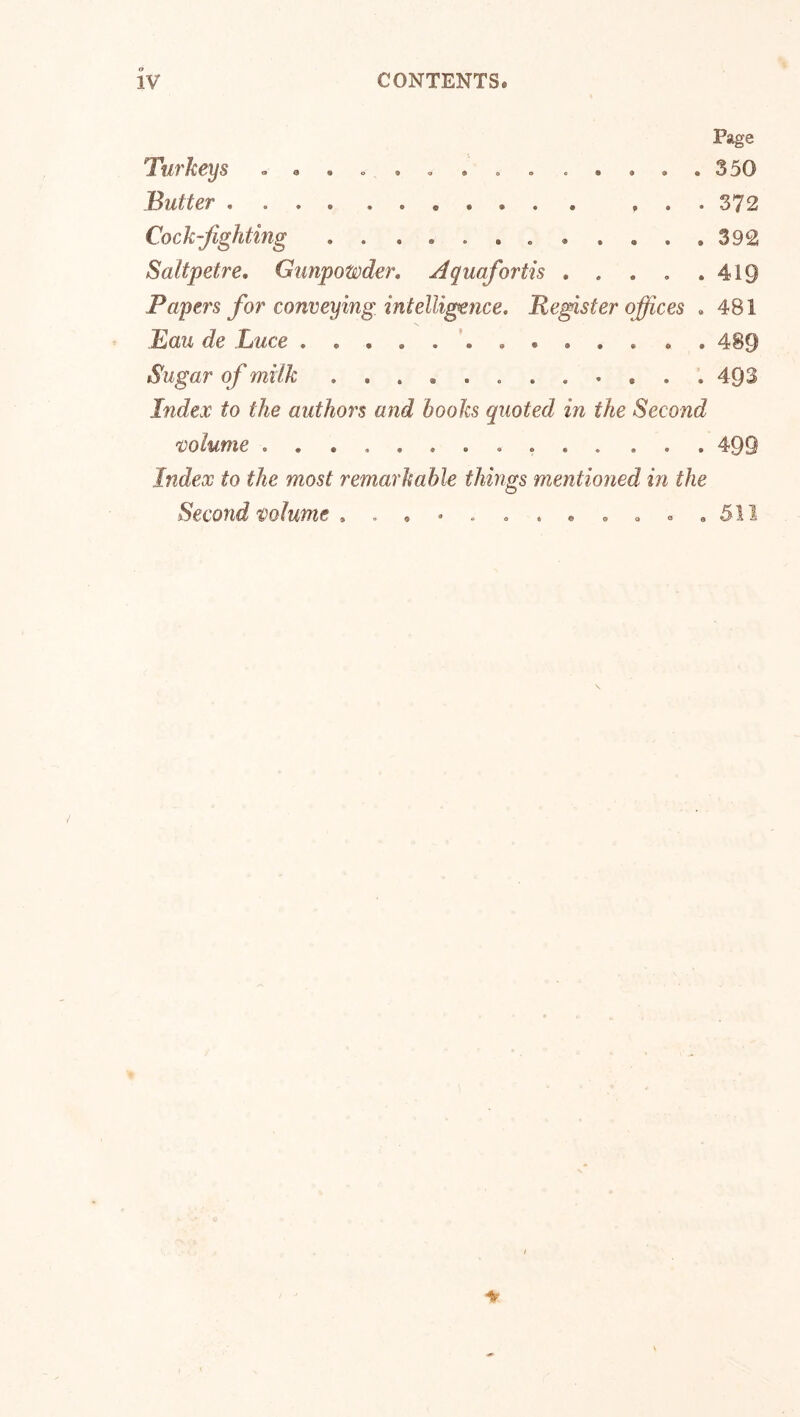 Page Turkeys .0 . 350 Butter ,..372 Cock-fighting .....39£ Saltpetre, Gunpowder, Aquafortis , . , , .419 Papers for conveying intelli^nce. Register offices . 481 Eau de Luce ’ 489 Sugar of milk 493 Index to the authors and hooks quoted in the Second mlume 499 Index to the most remarkable things mentioned in the Second ^volume 511