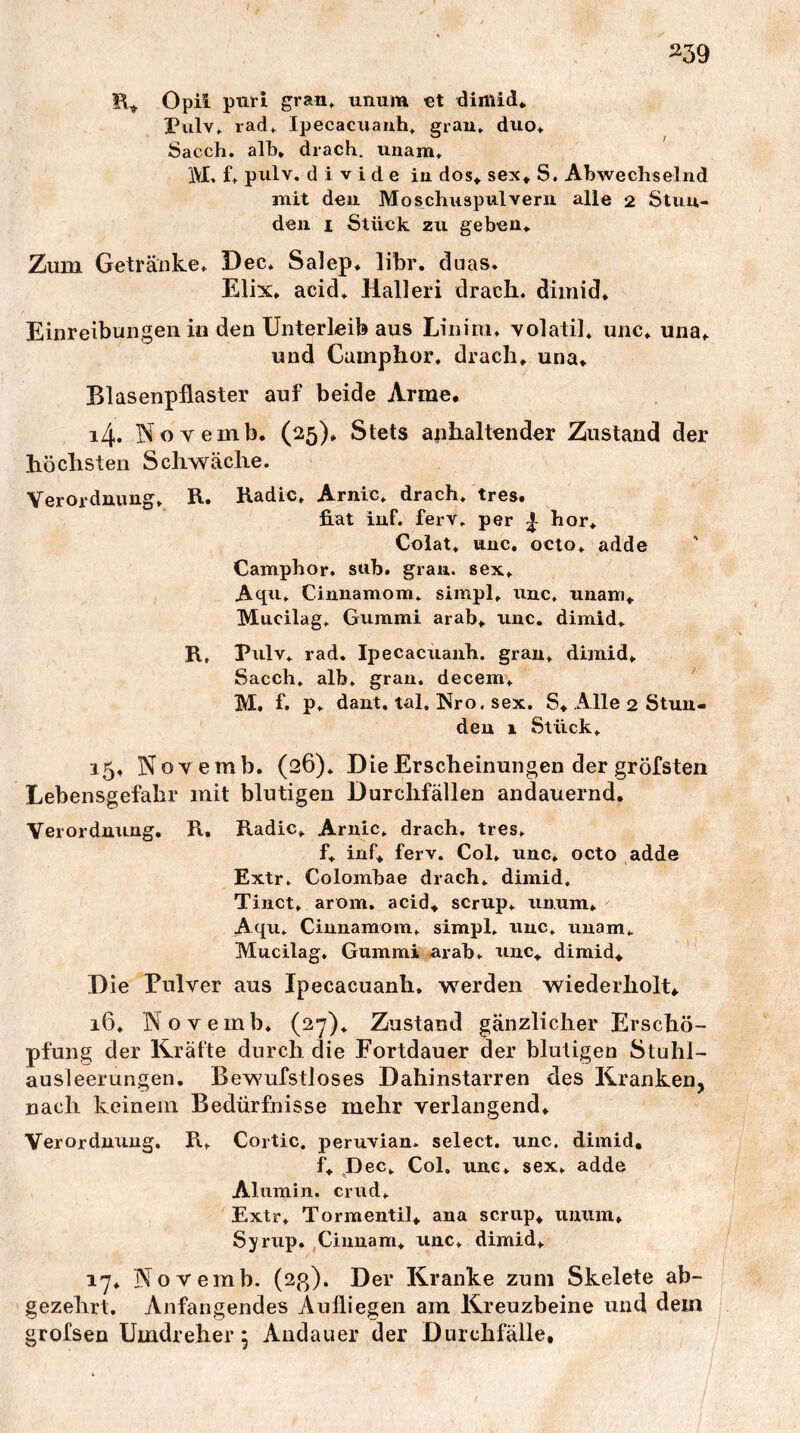 259 E» Opii puri gran» uiium et dimid* Pulv^ rad,. Ipecacuauh» grau* diio+ Saccli. alb» drach. iinam* IVI, f» piilv. d i V i d e iu dos» sex» S» Abwechselnd mit den Moschnspnlveni alle 2 Stuu- den I Stück zu geben» Zum Getränke» Dec* Salep» libr. duas. Elix» acid» Malleri drach. dimid» Einreibungen Ul den Unterleib aus Liniin. volatil. unc» una» und Camphor. drach» una» Blasenpflaster auf beide Arme* i4* Novemb. (25)» Stets anhaltender Zustand der höchsten Schwäche. Verordnung» R. Radic» Arnic» drach. tres* fiat iuf. ferv. per hör» Colat. unc. octo» adde Camphor. sub. grau, sex» Aqu» Cinnamom. simpl, unc. unam» Mucilag» Gummi arab» unc. dimid» R, Pulv» rad. Ipecacuanh. grau» dimid» Sacch. alb. grau, decem» ' M. f. p» dant, tal, Nro, sex. S» Alle 2 Stun- den 1 Stück» 15» Novemb. (26)» Die Erscheinungen der gröfsten Lebensgefahr mit blutigen Durchfällen andauernd. Verordnung. R. Radic» Arnic» drach. tres» f» inf» ferv. Col» unc» octo adde Extr» Colombae drach» dimid. Tinct» arom. acid» scrup» unum» Aqu» Cinnamom» simpl. unc» unam» Mucilag» Gummi arab» unc» dimid» Die Pulver aus Ipecacuanh. werden wiederholt» 16. Novemb» (sy). Zustand gänzlicher Erschö- pfung der Kräfte durch die Fortdauer der blutigen Sttihl- ausleerungen. Bewufstloses Dahinstarren des Kranken, nach keinem Bedürfnisse mehr verlangend» Verordnung. R» Cortic. peruvian- select. unc. dimid, f» Dec» Col. uuG» sex» adde Alumin. crud» Extr» Tormentil» ana scrup» unum» Syrup. Cinnam» unc» dimid» 17» Novemb. (2ß). Der Kranke zum Skelete ab- gezehrt. Anfangendes Aufliegen am Kreuzbeine und dem