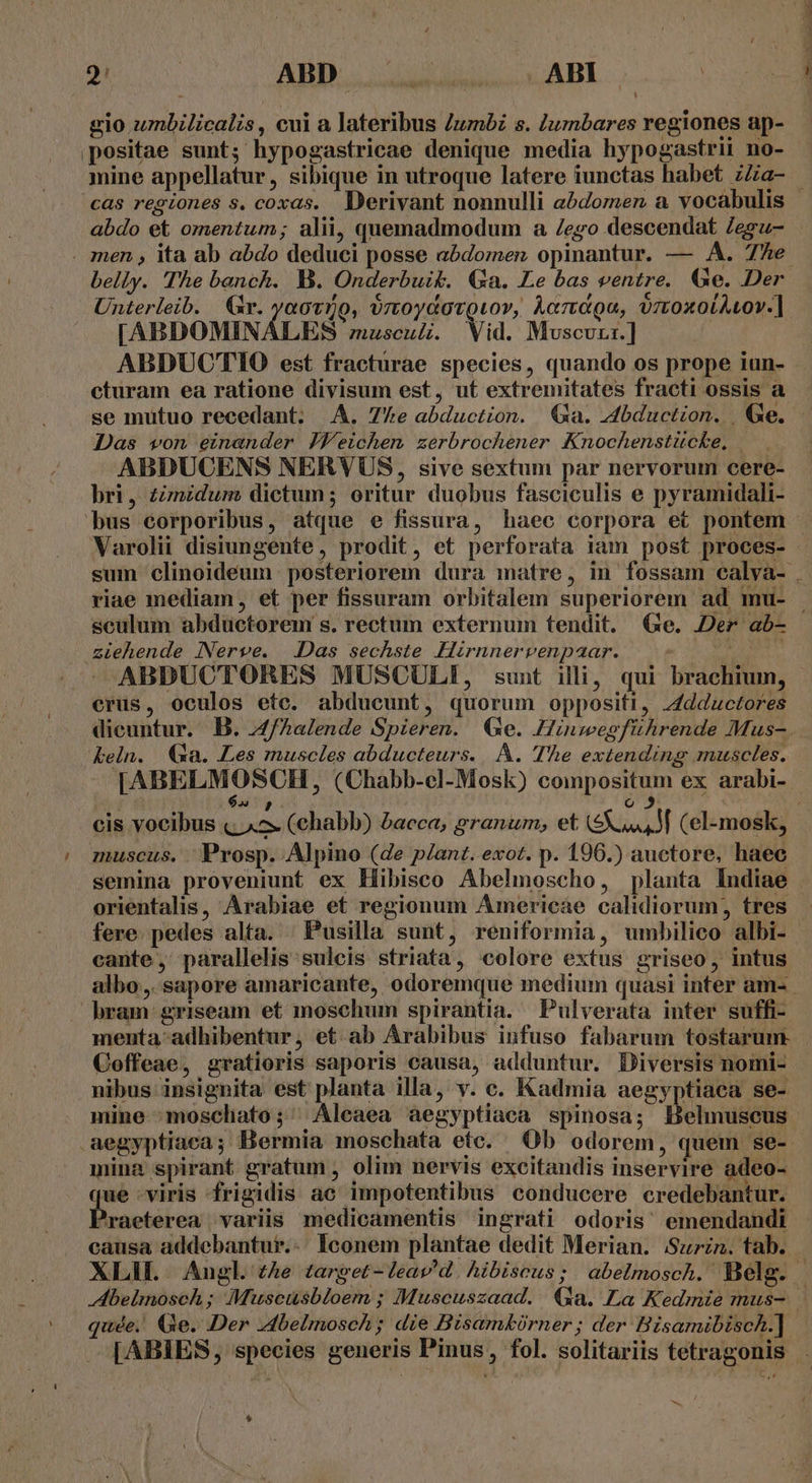 ae ABD. 53055 S ABI eio umbilicalis, cui a lateribus /umóbz s. lumbares regiones ap- positae sunt; hypogastricae denique media hypogastrii no- mine appellatur, sibique in utroque latere iunctas habet zZa- cas regiones s. coxas. Derivant nonnulli abdomen a vocabulis | abdo et omentum; alii, quemadmodum a /ego descendat Zegu- . men , ita ab abdo deduci posse abdozer, opinantur. — A. 7e belly. The banch. Ys. Onderbuik. Ga. Le bas ventre. Ge. Der Unterleib. (&amp;r. yaov)o, ortoydovQuov, kariágo, vmoxoiAvov.] [ABDOMINALES zzusculi. Vid. Muscurr.] ) ABDUCTIO est fracturae species, quando os prope iun- cturam ea ratione divisum est, ut extremitates fracti ossis a se mutuo recedant. A. 7e abduction. Ga. 4bduction. | Ge. Das von einander JWeichem zerbrochener Knochenstucke, | ABDUCENS NERVUS, sive sextum par nervorum cere- bri, £zmidum dictum; oritur duobus fasciculis e pyramidali- bus corporibus, atque e fissura, haec corpora et pontem . Varolii disiungente, prodit, et perforata iam post proces- sum clinoideum posteriorem dura matre, in fossam ealya- . riae mediam, et per fissuram orbitalem superiorem ad mu- sculum abductorem s. rectum externum tendit. Ge. Der ab- ziehende Nerve. Das sechste Hirnnervenpaar. | | -ABDUCTORES MUSCULI!, sunt illi, qui brachium, - erus, oculos ete. abducunt, quorum oppositi, 4dductores dicuntur. B. A4/Aalende Spieren. e. Hinwegführende Mus-. KReln. (a. Les muscles abducteurs. A. The extending muscles. IABELMOSCH ; (Chabb-el-Mosk) compositum ex arabi- o 25 : cis vocibus iid (chabb) 5bacca, granum; et (SX4Mf (el-mosk, muscus. Prosp. Alpino (de p/ant. exot. p. 196.) auctore, haee semina proveniunt ex Hibisco Abelmoscho, planta Indiae orientalis, Arabiae et regionum Americae calidiorum, tres fere. pedes alta. —Pusilla sunt, reniformia, umbilico albi- cante , parallelis sulcis striata, colore extus griseo, intus albo, sapore amaricante, odoremque medium quasi inter am-. bram griseam et moschum spirantia. Pulverata inter suffi- menta-adhibentur, et.ab Arabibus infuso fabarum tostarum- Coffeae, gratioris saporis causa, adduntur. Diversis nomi- nibus insignita est planta illa, v. c. Kadmia aegyptiaca se- mine :moschato;' Aleaea aàegyptiaca spinosa; Belmnuscus .aegyptiaca; Bermia moschata etc. Ob odorem, quem se- mina spirant gratum , olim nervis exceitandis inservire adeo-- que -viris frigidis ac impotentibus conducere credebantur. ?raeterea variis medicamentis ingrati odoris emendandi causa addebantur... Iconem plantae dedit Merian. Surin. tab. XLI. | Angl. zAe £arget-leav'd. hibiscus; abelmosch. Belg. Abelinosch; Muscüsbloem ; Muscuszaad. Qa. La Kedmie mus-. quée. Ge. Der 4belmosch; die Bisamkürner; der Bisamibisch.] — [ABIES, species generis Pinus, fol. solitariis tetragonis T