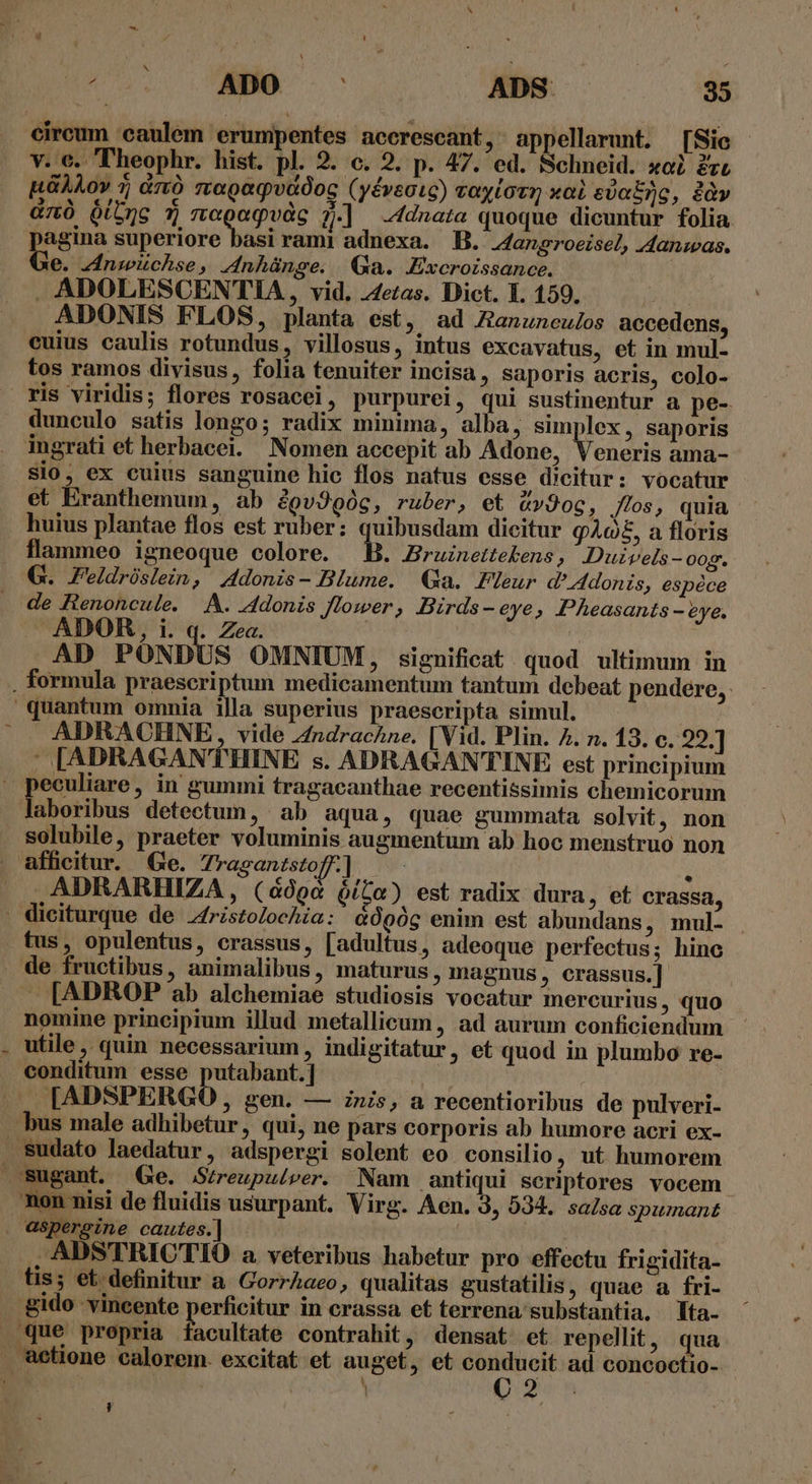 circum caulem erumpentes acerescant, appellarunt. [Sic v. c. Theophr. hist. pl. 2. c. 2. p. 47. ed. Schneid. xoi 2rL LÀO» 1, drtÓ rcagaqvádog (yévscic) voylovg xol edokng, dv &amp;muó tbgc 7, vegoqvàc j.] -dnata quoque dicuntur folia pagina superiore basi rami adnexa. B. j4angroeisel, 4anzas. e. Zinwuchse, Jnhünse. Ga. Excroissance. . ADOLESCENTIA, vid. ;4etas. Dict. Y. 159. | ADONIS FLOS, planta est, ad Aanunculos accedens, euius caulis rotundus, villosus, intus excavatus, et in mul- tos ramos divisus, folia tenuiter incisa, saporis acris, colo- ris viridis; flores rosacei, purpurei, qui sustinentur a pe- dunculo satis longo; radix minima, alba, simplex, saporis sio, ex cuius sanguine hic flos natus esse dicitur: vocatur et Eranthemum, ab igv390g, ruber, et U»9og, /lo, quia huius plantae flos est ruber: quibusdam dicitur gAo£, a floris flammeo igneoque colore. B. Zrauinettekens, Duizvels- oog. G. Peldróslein, 4donis- Blume. a. Fleur d'4donis, espéce de Henoncule. A. A4donis flower, Birds-eye, Pheasants - eye. ADOR,, i. q. Zea. AD PONDUS OMNIUM, significat quod ultimum in ADRACHNE, vide 4ndrachne. [Vid. Plin. 2. n. 13. c. 29.]  [ADRAGANTHINE s. ADRAGAN'TINE est principium laboribus detectum, ab aqua, quae gummata solvit , non afficitur. Ge. 7raganzstofA] —- : . ADRARHIZA , (àóoa óíLa) est radix dura, et crassa, 4 de fructibus, animalibus, maturus , magnus, crassus.] X [ADROP ab alchemiae studiosis vocatur mercurius, quo nomine principium illud metallicum, ad aurum conficiendum utile , quin necessarium , indigitatur, et quod in plumbo re- conditum esse putabant.] | ; [ADSPERGO , gen. — znis, a recentioribus de pulveri- mon nisi de fluidis usurpant. Virg. Aen. 3, 094. salsa spumant , ADSTRICTIO a. veteribus habetur pro effectu frigidita- tis; et definitur a. Gorrzaeo, qualitas gustatilis , quae a fri- gido vincente perficitur in crassa et terrena substantia. Tta- C2 ,