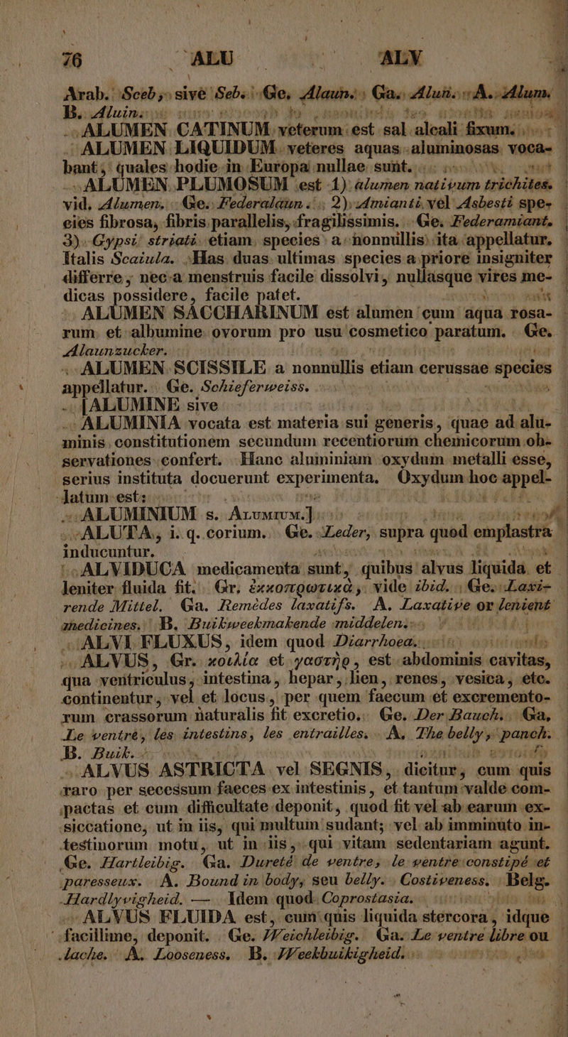 ^ 78 a x Arab. Sceb ,. sive Seb. : Ge. uilauba » Ga» tuii nA. um B. Aluin. ow TU T. ED hip goose RE m -. ALUMEN CATINUM. veterum. est. b sudo [E ALUMEN LIQUIDUM. veteres aquas. ,alutniaests voca- | bant; quales. hodie in Europa nullae sunt. . nur g -ALUMEN. PLUMOSUM .st 1). &amp;umen tinicéadin Aria hilaÉ, vid. Alumen. .. &amp;e.. Federalaun .'.| 2); 44mianti, vel Asbesti spe». eies fibrosa, fibris parallelis, fragilissimis. Ge. Federamiant, | 3) Gypsi; striati. etiam. species a. nonnullis: ita appellatur, Italis Scazu/a. Has. duas. ultimas species a. priore insigniter differre; nec-a menstruis facile dissolvi, nullasque vires me- - dicas possidere, facile patet. x -ALUMEN SÁCCHARINUM est alumen: cum aqua rosa- . rum. et-albumine ovorum pro usu cosmetico paratum, | Ge. | Alaunzucker. TY AALUMEN SCISSILE a nonnullis etiam cerussae won | appéllatur Ge. ,Sohieferweiss, sag 1 p S RT sive: - j a -: ALUMINIA vocata est materia sui | generis, quae d alu- . minis . constitutionem secundum recentiorum cheükicomim oh- servationes confert. Hanc aluminiam oxydum metalli esse, serius instituta. docuerunt ex parit M in ^iv | dattim: est: | PIMIDM -C ALUMINIUM S. Avowrew.] M, ALUTA,, i. q. corium... Ge.: adiac supra quod omplastsa | inducuntur. : ALVIDUCA. medicamenta Mint, quibus: álvus liquida. et D Jeoitor fluida fit... Gr. PxxorrQorttxd y. vide zbid. | Ge. Laxi- | rende Mittel. Ga. Ztemédes laxatifs. |. A. Laxatige or Jenient: | anedicines, DB. Buikweekmakende mniddelens. 5 00000004 -ALVI FLUXUS, idem quod da rod Lu i -ALVUS, Gr. xotÀlo. et yaovno, est abdominis snreod qua. veritriculus , intestina , hepar ,. lien, renes, vesica, ete. continentur, vel et locus, per quem faecum et excremento- rum. erassorum naturalis fit excretio,. Ge. Der Bauch. . Ga, | .Le Vélo Les. intestina; les entráilles. AA, The feit ys — | B. Bui | | -ALV US ASTRICTA vel SEGNIS, iei) cum quis Taro per secessum faeces ex intestinis , et tantum :valde com- ppactas et cum difficultate deponit , quod fit vel ab earum .ex- siccatione, ut in iis, qui multum sudant; vel ab imminuto in- festinorum motu, ut in iis ,..qui vitam sedentariam agunt. Ge. Hartleibig. Ga. IDureté! de ventre, le ventre:constipé et. paresseux. |.A. Bound in body, seu belly. Costiveness, | apical -Hardlyvigheid. — . Idem quod. Coprostasia. » ALVUS FLUIDA. est, cum'quis liquida stercora ,. idque ' facillime, deponit. . Ge. JWeichleibig. Ga. Le ventre e libre ou ache. A. LLooseness, B. JF'eekbuikigheid. 00000005 -—