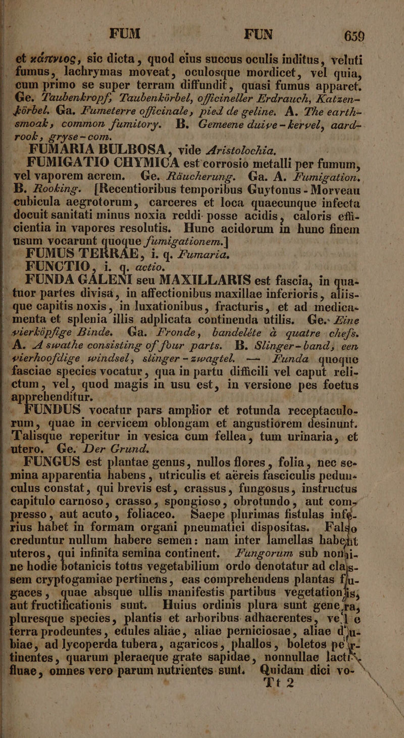 FUM . ' ' FUN 650 | et xdm»ioc, sic dicta, quod eius succus oculis inditus, veluti . fumus, lachrymas moveat, oculosque mordicet, vel quia, | eum primo se super terram diffundit, quasi fumus apparet. | Ge. Taubenkbropf; Taubenkóürbel, officineller Erdrauch, Katzen- | Kórbel. Ga. Fumeterre officinale, pied de geline. A. The earth- | &amp;moak, common fumitory. MB. Gemeene duive- kervel, aard- | rookb, gryse- com. | FUMARIA BULBOSA, vide 4fristolocAia. | |^ FUMIGATIO CHYMICA est'corrosio metalli per fumum, . yel vaporem acrem. — Ge. Zàucherung. Ga. A. Pumigation. | B. AHooking. [Recentioribus temporibus Guytonus - Morveau | eubieula aegrotorum, carceres et loca quaecunque infecta | docuit sanitati minus noxia reddi. posse acidis, caloris effi- . eientia in vapores resolutis. Hunc acidorum in hunc finem - usum vocarunt quoque fzzgationem.] - | |. FUMUS TERRAE, i. q. Zumaria. |— FUNCTIO, i. q. acto. | |». FUNDA GALENI seu MAXILLARIS est fascia, in qua- . tuor partes divisá, in affectionibus maxillae inferioris, aliis- -que capitis noxis, in luxationibus, fracturis, et ad medica- - menta et splenia illis adplicata continenda utilis. Ge. Zine sierküpfige Binde. Ga.. Fronde, bandeléte à quatre chefs. | A. 4 swathe consisting of four parts. B. Slinger- band; een | sierhoofüise windsel, sünger-zwagtel. —. | Funda quoque | fasciae species vocatur, qua in partu diffcili vel caput reli- | ctum, vel, quod magis in usu est, in versione pes foetus purcisnt n ^ ^^ FUNDUS vocatur pars amplior et rotunda receptaculo- rum, quae in cervicem oblongam et angustiórem desinunt. Talisque reperitur in vesica cum fellea, tum urinaria, et (tero. QGe. Der Grund. | |. —. RgUNGUS est plantae genus, nullos flores , folia, nec se- | 3mina apparentia habens , utriculis et aéreis fasciculis peduu- . eulus constat, qui brevis est, crassus, fungosus, instructus capitulo carnoso, crasso, spongioso, obrotundo, aut com. presso, aut acuto, foliaceo. Saepe plurimas fistulas inf rius hábet in formam organi pneumatiei dispositas... Falgo . creduntur nullum habere semen: nam inter Tanellaa habent .uteros, qui infinita semina continent. —Zungorum sub nomi. - ne hodie botanicis totus vegetabilium ordo denotatur ad clajs- | sem cryptogamiae pertinens, eas comprehendens plantas flu- .gaces, quae absque ullis manifestis partibus vegetationjs; .aut fructificationis sunt. Huius ordinis plura sunt gene ra, , pluresque species, plantis et arboribus adhaerentes, vele - ferra prodeuntes , edules aliáe, aliae perniciosae, aliae d . biae, ad lycoperda tubera, agaricos, phallos, boletos per- tinentes, quarum pleraeque grate sapidae, nonnullae lacti* | fluae, omnes vero parum nutrientes sunt. Lr dici vo- T  Pt: