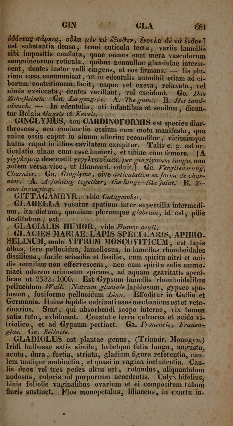 . ó0ovvec Gdoxsc, o)Aa uiv rà &amp;to9sv, PvovAa 02 và &amp;»dov.] . est substantia densa, tenui cutioula tecta, variis lamellis . Sibi. impositis. conflata, quae omnes sunt mera vasculorum- . sanguineorum reticula ,. quibus: nonnullae glandu]ae interia- - cent, dentes instar valli cingens, et eos firmans; — lis plu- rima vasa. communicat , et:in edentulis nonnihil etiam ad ci- .. borum: contritionem; facit, eaque vel exesa; relaxata , vel . nimis exsiccata j- dentes vacillant, vel excidunt. Ge. Das Zahnfleiseh. ia. La gengive; | AL The gums; B. -JHet tand- vleesch. —— in edentulis, uti infantibus et senibus , dicun- tur Belgis. Gaseis:et-Kevels, : 5 o IER E - GINGLYMUS;: seu CARDINOFORMIS est species diar- . throseos, seu. coniunctio ossium cum: motu manifesto, qua . unius ossis -caput: in. sinum alterius reconditur j vicissimque . huius caputin.illius eavitatem excipitur. lalis e. g. est ar- ticülatio.ulnae cunr osse.humeri, et tibiae cum femore. [A yiyyMpog: descendit yvyyAvuoUuat, per ginglymum iunso,non autem versa, vice , ut Blaneard. voluit.] Ge. Fergliederung, Charnier, | Ga. Ginglyme , sive articulation: en forme de char-. , Mier. A. 4dijoining. together, the hinge- like joint. B. Zi- | pel EROR Xo v Hd earn ^ .GITTAGAMBYR ;: vide Cazagarmber. i - GLABEELA vocatur spatium inter supercilia intermedi- um, ita:dictum; quoniam plerumque s/abruz, id est , pilis destitutum, esti; ^ 0 T . GLACIALIS HUMOR, vide ZZumor oculi. | m - GLACIES MARIAE, LAPIS SPECULARIS, APHRO. . SELINUM, male VITRUM MOSCOVITICUM , est lapis albus, fere. pellucidus, lamellosus, in lamellas.rhomboidales dissiliens ;: facile scissilis et fissilis, cum spiritu nitri et aci- dis omnibus non effervescens, nec cum spiritu salis ammo- niaci odorem urinosum. spirans, ad aquam gravitatis speci- - fieae ut 2392:1000. | Est Gypsum lamellis rhomboidalibus : .pellucidum 77a. ||. Natrum $laciale lapidosum , gypseo spa- ; fosum, fusiforme pellucidum £z». | Effoditur in. Gallia et . Germania. Huius lapidis calcinatiusus mechanicus estet vete- rinarius, Sunt, qui absorbendi scopo interne, vix tamen satis tuto, exhibeant. . Constat e terra calcarea et acido vi. | triolico, et ad Gypsum pertinet. Ga. Fraueneis, Frauen- glas. Ge. ISélénite. E . SLADIOLUS. est. plantae genus, (Triandr. Monogyn.) .lridi bulbosae satis simile; habetque folia longa, angusta, . acuta, dura ,.fortia, striata, gladium figura referentia, cau- .lem undique ambientia , et quasi in vagina includentia.. Cau. -.lis duos vel tres. pedes altus est, rotundus, aliquantulum nodosus, coloris ad purpureum accedentis. Calyx bifolius, binis foliolis vaginalibus ovarium et ei compositum tubum floris sustinet. | Flos monopetalus, liliaceus, in exortu in. s