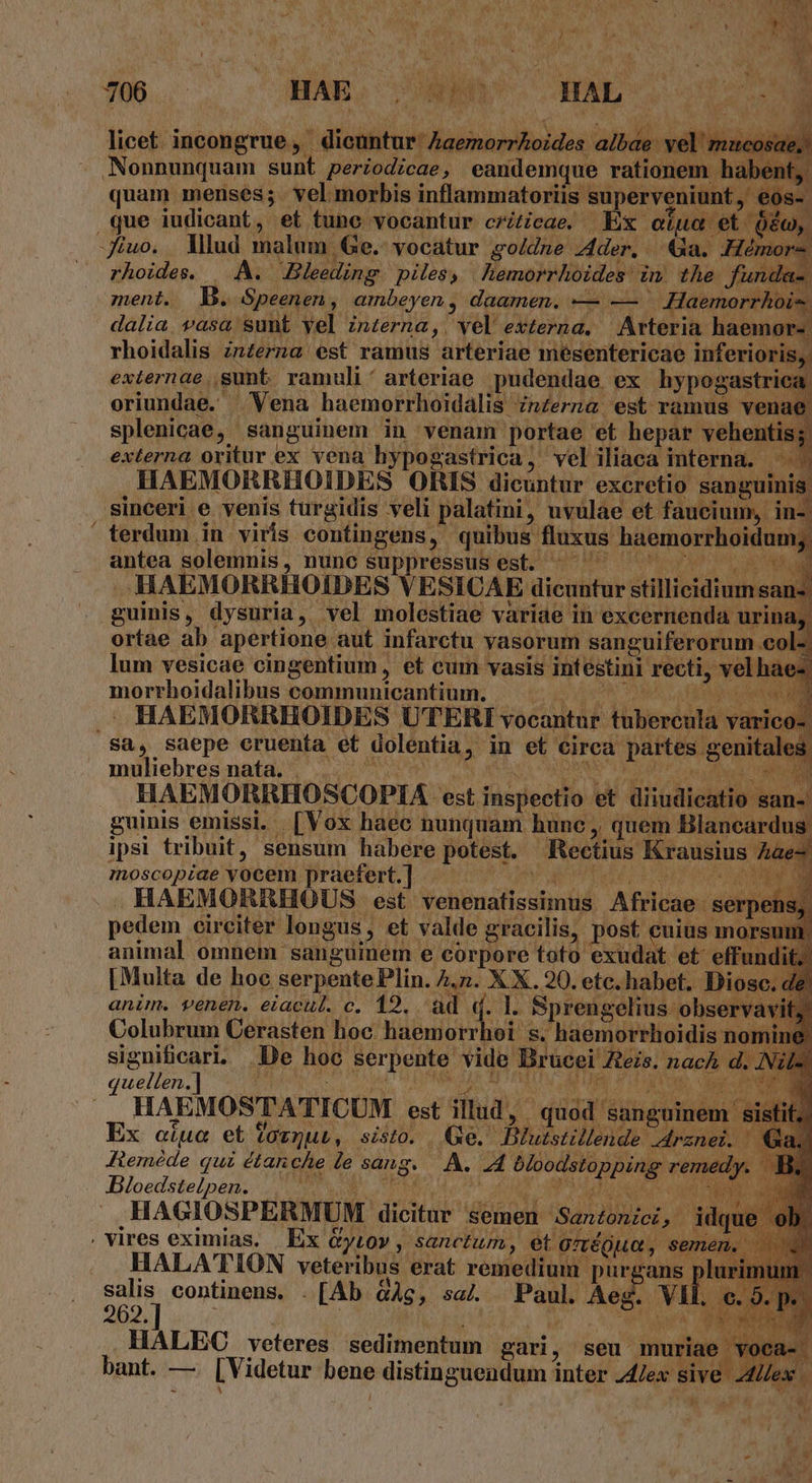 ur P ^ , : Mss » aos , Py mad  ; Hr : any a * NS AL m j Du 975. HAE, USUS INE od d licet incongrue, dicuntur Zaemorr&amp;oides albae vel mue . Nonnunquam sunt periodicae, eandemque rationem h: quam menses; vel morbis inflammatoriis superveniunt, - S- que iudicant, et tune vocantur criZicae. Ex otuo et Qéo, iuo. lud malum Ge. vocatur go/dze J4der. a. Hémor- rhoides. | A. Bleeding piles, hemorrhoides im the funda- ment. JD. $peenen, ambeyen , daamen. — — Haemorrhois dalia. vasa sunt yel znterna,. vel externa. — Arteria haemor-. rhoidalis znZerna est ramus arteriae mesentericae inferioris, externae.,sunt. ramuli: arteriae pudendae ex hypogastrica. oriundae. Vena haemorrhoidalis Znerna est ramus venae splenicae, sanguinem in venam portae et hepar vehentis; externa oritur ex vena hypogastrica, veliliaca interna. HAEMORRHOIDES ORIS dicuntur excretio sanguinis sinceri e venis turgidis veli palatini, uvulae et faueium, in- terdum in viris contingens, quibus fluxus haemorrhoidum; antea solemnis, nunc suppressusest. ^ MON VM s wr M HAEMORRHOIDES VESICAE dicuntu stillicidium san-. guinis, dysuria, vel molestiae variae in excernenda urina. ortae ab apertione aut infaretu yasorum sanguiferorum col- lum vesicae cingentium, et cum vasis intestini recti, vel hae- morrhoidalibus communicantium. £o en SARI. La Prope E HAEMORRHOIDES UTERI vocantur tübercula yarico- sa, saepe cruenta et dolentia, in et circa partes genitales muliebres mata, ... octo s AU DEAS Dc NUM HAEMORRHOSCOPIA est inspectio et diiudicatio san- guinis emissi. [Vox haec nunquam hune ,, quem Blancardus  Y d ipsi tribuit, sensum habere potest. Rectius Krausius / moscopiae vocem praefert.] iu dE AM EA UL HAEMORRHOUS est venenatissimus Africae serp pedem circiter longus, et valde gracilis, post cuius m animal omnem sanguinem e corpore toto exudat et eff [Multa de hoc serpente Plin. 4.5. X X. 20. etc. habet. anim. venen. eiacul. c. 12. ^ad d. 1. Sprengelius observ Ge. Blu Bloedstelpen. | ^... DANA MOLEe i TU S - HAGIOSPERMUM dicitur semen San£onici, . vires eximias. | Ex &amp;ytov , sanctum, et orégua, HALA'TION veteribus erat remedium purgan e continens. . [Ab Gàg, sal Paul Aes. VI 262. j | (m CON HALEO veteres sedimentum gari, seu muria bant. — [Videtur bene distinguendum inter 24/ex si