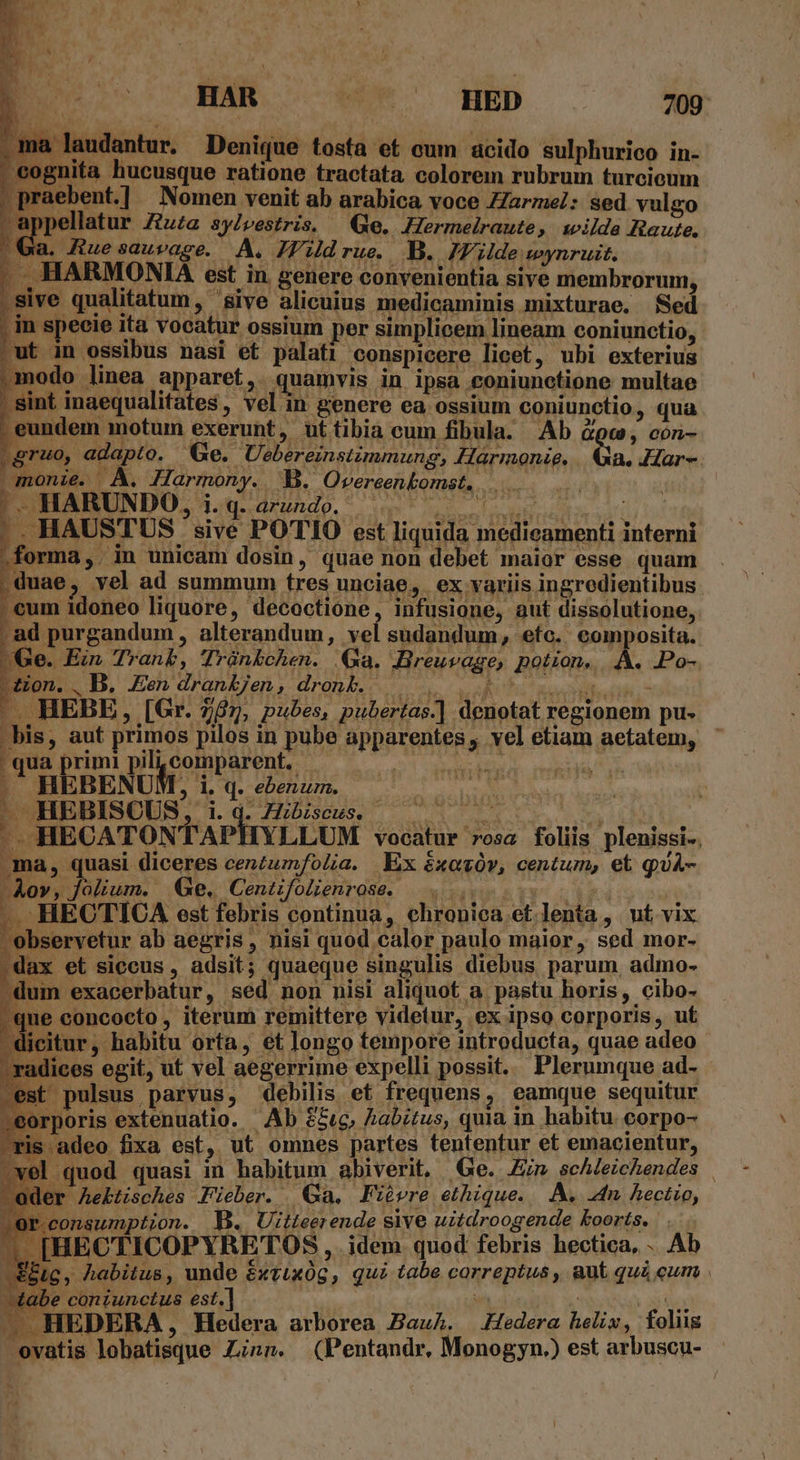 ma laudantur. Denique tosta et oum acido sulphurioo in- €ognita hucusque ratione tractata colorem rubrum turcioum 'aebent.] Nomen venit ab arabica voce ZZarmel: sed vulgo pellatur Za sylvestris, Ge. Hermelraute, wilde Raute., |€&amp;a. Aue sauvage. cA ZIVild TUe. B. 77i zde wynruit. . . HARMONIA est in. genere convenientia sive membrorum, sive qualitatum , 'sive alicuius medicaminis mixturae. Sed . in specie ita vocatur ossium per simplicem lineam coniunctio, ut in ossibus nasi et palati conspicere licet, ubi exterius modo linea apparet, quamvis in ipsa coniunotione multae sint inaequalitates, vel in genere ea ossium coniunctio, qua . eundem motum exerunt, uttibia cum fibula. Ab ocv, cón- Sgruo, adapto. Ge. Uebereinstimnung, Harmonie. | Ga. Har-. |monie. A. Harmony. B. Overeenkomst, ..  ESHABUNDO; 1.9 drundo. 5 ias uo ls ev out |. HAUSTUS sive POTIO est liquida medicamenti interni .forma,. in unicam dosin, quae non debet maior esse quam duae, yel ad summum tres unciae, ex variis ingredientibus. €um idoneo liquore, decoctione, infusione, aut dissolutione, ad purgandum , alterandum, vel sudandum, etc. composita. (Ge. Ein Trankb, (rünkchen. Qa. Breuvage, potion, A. .Po- Eon. B, Eh drankJen, dronk, oL oos Rovdilsnh ^. HEBE, [Gr. 765, pubes, pubertas.] denotat regionem pu- bis, aut primos pilos in pube apparentes, vel etiam aetatem, | qua primi DECORE VD, Mp TU - HEBENUM, i. q. ebenum. X. HEBISCUS, l1. d. Hibiscus. -HECATON tAPh ^ YLLUM vocatur rosa foliis plenissi.. ma, quasi diceres centumfolia. Ex xav, centum, et qUA- ^Ao», folium. Ge. Centfolienrose. |... o oi o .. HECTICA est febris continua, chronica et.lenta , nut vix À bservetur ab aegris , nisi quod calor paulo maior, sed mor- .dax et siceus, adsit; quaeque singulis diebus parum admo- dum exacerbatur, sed non nisi aliquot a pastu horis, cibo- que concocto, iterum remittere videtur, ex ipso corporis, uf | dicitur, habitu orta, ét longo tempore introducta, quae adeo dices egit, ut vel aegerrime expelli possit. Plerumque ad- t pulsus parvus, debilis. et frequens , eamque sequitur eorporis extenuatio. Ab &amp;&amp;c, habitus, quia in habitu. corpo- ris adeo fixa est, ut omnes partes tententur et emacientur, | quod quasi in habitum abiverit, Ge. Em scAleichendes | der hektisches Fieber. Ga. Fiüvre ethique. A. dn. hectio, or.consumption. JB. Uitteerende sive uitdroogende koorts. IHECTICOPYRETOS ,. idem quod febris hectica, . Ab E c, habitus, unde éxtixóg , qui tabe correptus , aut qui cum EDERA, Hedera arborea Bauh. Hedera helix, foliis J ovatis lobatisque Zinn. (Pentandr, Monogyn.) est arbuscu-