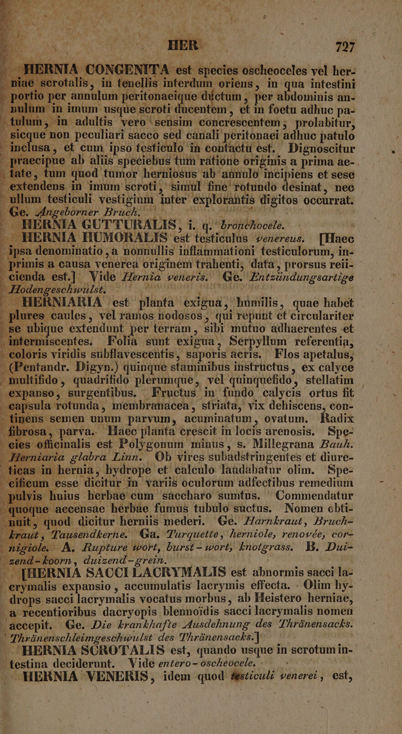 P. ^ b Ps as o 2.  SU Wi HERNIA CONGENITA est species oscheoceles vel her- miae serotalis, in tenellis interdum oriens, in qua intestini . portio per annulum peritonaeique díctum , per abdominis an- . pulum in imüm usque scroti ducentem , et in foetu adhuc pa- tulum, in adultis vero sensim concrescentem; prolabitur, . Sicque non peculiari saeco sed canali peritonaei adhuc patulo ' inelusa, et cum ipso testiculo in contactu est, Dignoscitur | praecipue ab aliis speciebus tum ratione originis a prima ae- . | fate, tum quod tumor herniosus ab annulo incipiens et sese | extendens in imum scroti, simul fine rotundo desinat, nec - ullum testiculi. vestigium inter explorantis digitos occurrat. . Ge. dngeborner Brüch, —. SH onim —HERNIA GUT'TURALIS, i. q. bronchocele. . Um . . HERNIA HUMORALIS est testiculus vezereus. [Haec . ipsa denominatio , a nonnullis inflammationi testiculorum, in- , primis a causa venerea originem trahenti; data, prorsus reii- - cienda est.] Vide ZZernia veneris. Qe. Entzündungsartige ? Rei - .Hodengeschwulst. - - HERNIARIA 'est planta exigua, humilis, quae habet . . plures caules, vel ramos nodosos, qui repunt et circulariter , se ubique extendunt per terram , sibi mutuo adhaerentes et .intermiscentes. Folia sunt exigua, Serpyllum referentia, - eoloris viridis subflavescentis, saporis aeris. Flos apetalus; - (Pentandr. Digyn.) quinque staminibus instructus, ex calyce multifido, quadritdo plerumque, vel quinquefido, stellatim . .expanso, surgentibus. Fructus in fundo calycis ortus fit - eapsula rotunda, membranacea, striata, vix dehiscens, con- ^ - finens semen unum parvum, acuminatum, ovatum. Badix j fibrosa, parva. Haec planta crescit in locis arenosis. Spe- -eies officinalis est Polygonum minus, s. Millegrana Paz. - Herniaria glabra Linn. Qb vires subadstringentes et diure- ticas in hernia, hydrope et calculo laudabatur olim. Spe- eifieum esse dicitur in variis oculorum adfectibus remedium n »ulvis. huius herbae cum sáecharo sumtus. ^ Commendatur .quoque aecensae herbae fumus tubulo suctus. Nomen cbti- mi t, quod. dicitur herniis mederi. Ge. ZZarnbraut, Bruch-. braut, Tausendkerne. Ga. Turquette, herniole, renovée, cor- ^N b * Rh 1j nig Je. A. Rupture teort, burst - wort, Enoterass. B. Dui-  zend - koorn , duizend -grein. | - .[HERNIA SACCI LACRYMALIS est abnormis sacci la- ' erymalis expansio , accumulatis lacrymis effecta. . Olim hy- drops sacci lacrymalis vocatus morbus, ab Heistero herniae, a recentioribus dacryopis blennoidis sacci lacrymalis nomen aecepit. Ge. Die &amp;ran&amp;Ahafte: Ausdehnung des Thránensacks. ! Thrünenschleimgeschwulst des Thrünensacks.] — | LUN ^HERNIA SCROTALIS est, quando usque in scrotum in-- - festina deciderunt. Vide entero- oscheocele. - | HEHRNIA VENERIS, idem quod 4esticuli venerei, est,