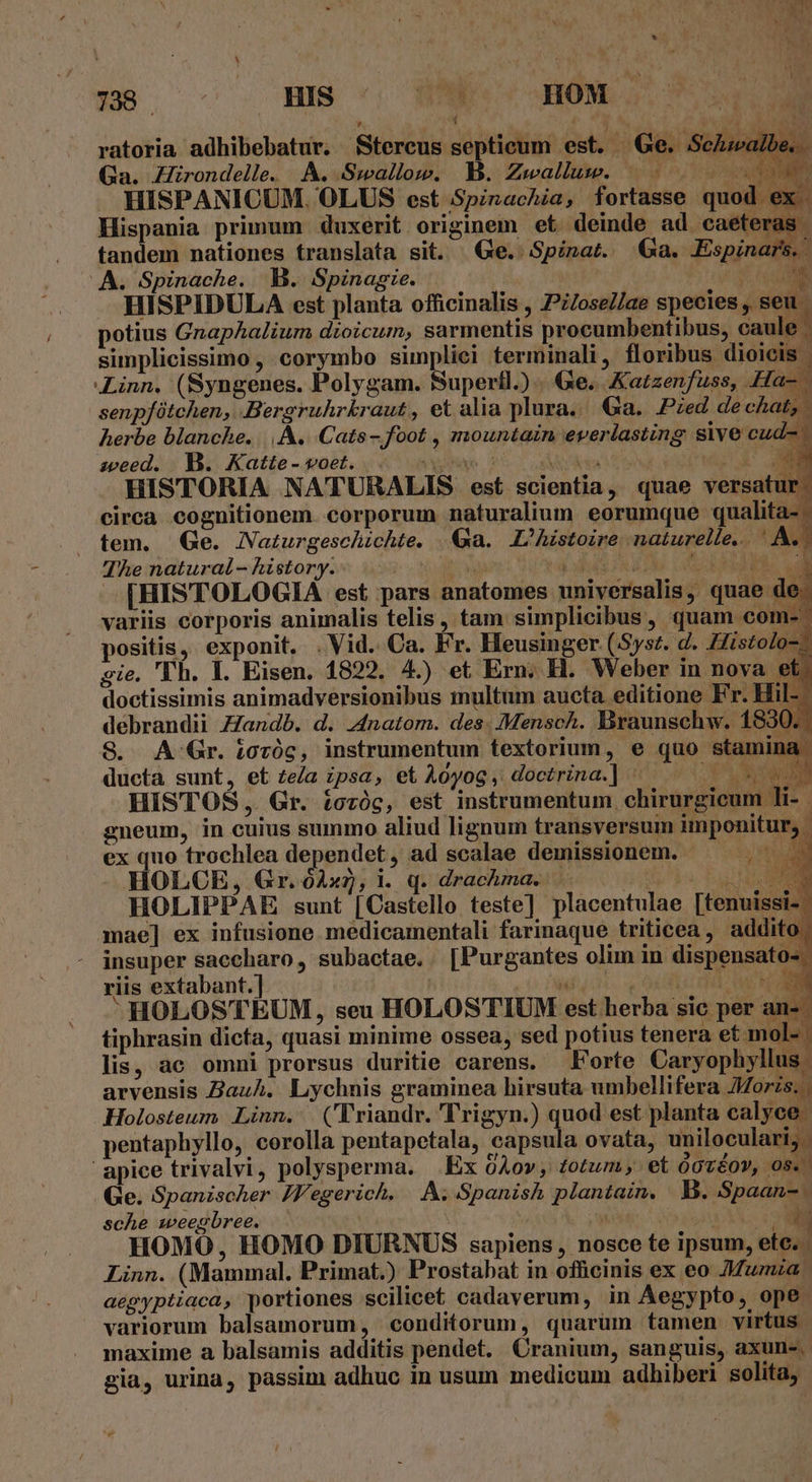 * 1 P. 4 $ ratoria adhibebatur. Stercus septicum est. Ge. SeZ» albe. Ga. Zirondelle. A. Swallow. M. Zwallusw. |... 000. HISPANICUM. OLUS est SSpinachia, fortasse quod ex. Hispania primum duxerit originem et deinde ad caeteras | tandem nationes translata sit. Ge. Spinat. Ga. Espinars. A. Spinache. B. Spinagie. ! im t HISPIDULA est planta officinalis , Z/ose//ae species , seu potius Gnaphalium dioicum, sarmentis procumbentibus, caule simplicissimo , corymbo simpliei terminali, floribus dioicis | ALinn. (Syngenes. Polygam. Superll.).. Ge. Katzenfuss, Ha- - senpfütchen, Bergruhrkraut, et alia plura. Ga. Ped de chat, | herbe blanche. |, &amp;. Cats- foot , mountain everlasting sive cud- - seeed.: i Bo. Katie - poet. «^ vinee 1 oM 2X MN HISTORIA NATURALIS est scientia, quae versatur. circa cognitionem corporum naturalium eorumque qualita- tem. Ge. Naturgeschichte. 4a. L'Aistoire naturelle... ' A 3 The natural - history. WT ThTLTuUEUUTI ew A [HISTOLOGIÁ est pars anatomes universalis, quae de variis corporis animalis telis, tam simplicibus, quam com-: positis, exponit, . Vid. Ca. Fr. Heusinger (Sysz. d. Histolo- gie, 'Th. I. Eisen. 1822. 4) et Ern. H. Weber in nova € doctissimis animadversionibus multum aucta editione Fr. Hil- débrandii Zandb. d. 4natom. des. Mensch. Braunschw. 1830 S8. A Gr. ioróc, instrumentum textorium, e quo stamina ducta sunt, et £e/a ipsa, et Aoyog , doctrina.] ^ BINA HiSTOS, Gr. iozóg, est instrumentum chirurgicum li- . gneum, in cuius summo aliud lignum transversum imponitur, ex quo trochlea dependet, ad scalae demissionem. ^ D HOLCE, Gr. óAx2, i. q. drachma... 0s, Cu E HOLIPPAE sunt [Castello teste] placentulae [tenuissi- ' mae] ex infusione. medicamentali farinaque triticea , addito. - insuper saccharo, subactae. [Purgantes olim in dispensato- riis extabant.] CMDNACUOBRABUUA HOLOSTEUM, seu HOLOSTIUM est herba sic per an-- tiphrasin dicta, quasi minime ossea, sed potius tenera et mol- lis, ac omni prorsus duritie carens. Forte Caryophyllus. arvensis ZauA. Lychnis graminea hirsuta umbellifera Jorzs; | Holosteum Linn. . ('Yriandr. T rigyn.) quod est planta calyce pentaphyllo, corolla pentapetala, capsula ovata, uniloculari; apice trivalvi, polysperma. Ex 0Aov, totum et OOTÉOY, OS. Ge. Spanischer /F'egerich, |. A; Spanish plantain. B. Spaan- sche weegbree. Menit erp Los Rh. HOMÓ , HOMO DIURNUS sapiens , nosce te ipsum, ete. - Linn. (Mammal. Primat.) Prostabat in officinis ex eo Zuma: aegyptiaca, portiones scilicet cadaverum, in Aegypto, ope. variorum balsamorum, conditorum, quarum tamen virtus. maxime a balsamis additis pendet. Cranium, sanguis, axun-. gia, urina, passim adhuc in usum medicum adhiberi solita,