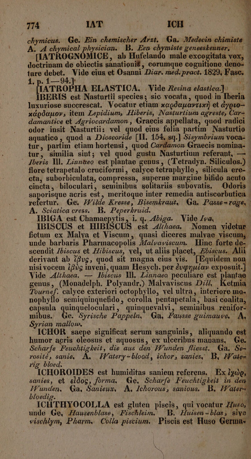 - 47A. IAT | ICH . chymicus. Ge. Ein chemischer Z4rzt. Ga. Medecin chimiste A. A chymical physician. B. Een sts geneesbenmer, ^ — [IATROGNOMICE, ab Hufelando male excogitata vox, doctrinam de obiectis sanationiÉ, eorumque cognitione. deno- ' tare cabe Vide eius et Osanni Diar. red. pract. 1829, Fasc. 1.p. 1— 94] Nu M. lIATROPHA ELASTICA. . Vide ZHesina elastica.]:/. - IBERIS est Nasturtii species; sic vocata, quod in Iberia luxuriose succrescat. Vocatur etiam xogóapaveuxz) et dygto— xopóouo», item Lepidium, MHiberis, Nasturtium agreste, Car- damantice et 4griocardamon , Graecis appellata, quod radici | odor insit Nasturtii: vel quod eius felia partim Nasturtio aquatico , quod a Dioscoride [1l. 154. sq.] Sisymbrium voca- tur, partim etiam hortensi, quod Cardamon Graecis nomina- tur, similia sint; vel quod gustu Nasturtium referant, — — Jberis Yl. Linn&amp;eo est plantae genus, (letradyn. Siliculos.) flore tetrapetalo cruciformi, calyce tetraphyllo, silicula ere- . cta, suborbiculata, compressa, superne margine bifido acuto cincta, biloculari, seminibus solitariis subovatis. Odoris saporisque acris est, meritoque inter remedia antiscorbutica . vo Niph Ge. JZilde Kresse, Bisemkraut, Ga. Passe- rage, A. Sciatica cress. B. Peperkruid. Moos 7X IBIGA est Chamaepytis, i. q. 4452ga. Vide Zea. MM IBISCUS et HIBISCUS est 24/aea. Nomen videtur fiotum ex Malva et Viscum , quasi diceres malyae viscum; unde barbaris Pharmacopolis JMa/vaviscum. Hinc forte de- scendit Z5zscus et Zibiscus, vel, ut aliis placet, Ebiscus. Alii derivant ab £8vg, quod sit magna eius vis. [Equidem non nisi vocem ifivc inveni, quam Hesych. per évgnu£av exposuit.] Vide 24/thaea. — lbiscus Yl. Lznnaeo peculiare est plantae genus, (Monadelph. Polyandr,) Malvaviscus Dz// Ketmia Tournef. calyce exteriori octophyllo, vel ultra, interiore mo- - nophyllo semiquinquefido , cdrollà PARHDEIR basi coalita, | eapsula quinqueloculari, quinquevalvi, seminibus renifor- | mibus. (e. Syrische Pappeln, Ga. Fausse guimause, A, Syrian mallom. M : uw ICHOR saepe significat serum sanguinis, aliquando est humor acris oleosus et aquosus, ex ulceribus mapans, Ge. Scharfe Feuchtigkeit, die aus den. Jf'unden fliesst. Ga. Se- | pt iS A.. Iatery - blood, ichor, sanies, B, Haie! ris bloed. ife ; ^ pu ICHOROIDES est humiditas saniem referens. Ex iyoo,. sanies, et eidog, forma, | Ge. Scharfe Peuchtiskeit in dem IFunden. Qa. Sanieux. A. Ichorous, sanious. B. ZT'ater- bloedis. T Wee ICHTHYOCOLLA est gluten piscis, qui vocatur Z7wso,. unde Ge, Jausenblase, .Fischleim. |. Huisen-blas, sive. vischlym, Pharm. | Colla piscium. Piscis est Huso Germa- »