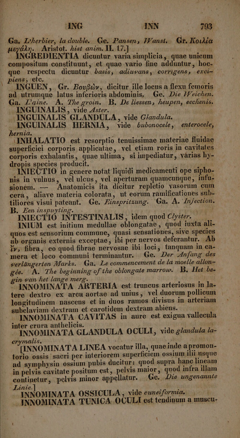 ING INN . 709 Ga, Lherbier, la double. Ge. Pansen, ZVansi. Gr. KoiAla yeu Aristot. Ais? anim. Y. 17.] x non - AINGREDIENTIA dicuntur varia simplicia ,. quae unicum compositum constituunt, et quae vario fine adduntur, hoc. - que respectu dicuntur. basis, adiuvans, corrigens, exci INGUEN,. Gr. Bovfdv , dicitur ille locus a flexu femoris ad utrumque latus inferioris abdominis, | Ge. Die 7Z'eichen. Qa. ZL'aine. A. 7Le groin. MB. De liessen, heupen, eechenis. -INGUINALIS GLANDULA, vide G/andu/a. INHALATIO est resorptio tenuissimae materiae fluidae superficiei corporis applicatae, . vel etiam roris in cavitates. corporis exhalantis, quae ultima, si impediatur, várias hy- dropis species producit. qe . INIECTIO in genere notat liquidi medicamenti ope sipho- nis in vulnus, vel ulcus, vel aperturam quamcunque, infu- sionem. — Anatomicis ita dicitur repletio vasorum cum cera, aliave materia colorata, ut eorum ramificationes sub- tiliores visui pateant. Ge. Zznspritzung. Qa. A. Inection. B. Eeninspuyting. |. / vis did INIECTIÓ INTESTINALIS , idem quod C/yster. —— INIUM est initium medullae oblongatae, quod iuxta ali- quos est sensorium commune, quasi sensationes, sive species ab organis externis exceptae, ibi per nervos deferantur. Ab 1», fibra, eo quod fibrae nervosae ibi loci, tanquam in ca- verlüngerten Marks. Ga. Le commencement de la moelle allon- gée. ^A. The beginning of the oblongate marrow. B. Het be- oin van het lange merg. ' i ^ INNOMINATA ARTERIA est truncus arteriosus in la- : longitudinem nascens etin duos ramos divisus in arteriam subclaviam dextram et carotidem dextram abiens. TNR INNOMINATA CAVITAS in aure est exigua vallecula inter crura anthelicis. T 4 INNOMINATA GLANDULA OCULI, vide g/andu/a la- erymalis. à SA INNOMINATA LINEA vocatur illa, quae inde a promon- | torio ossis sacri per interiorem superficiem ossium ilii usque. ad symphysin ossium pubis ducitur: quod supra hanc lineam in pelvis cavitate positum est, pelvis maior, quod infra illam continetur, pelvis minor appellatur. . 6e. ..De ungenannte Linze. | INNOMINATA OSSICULA, vide ezneiformia. . - YNNOMINATA TUNICA. OCULI est tendinum a muscu- l