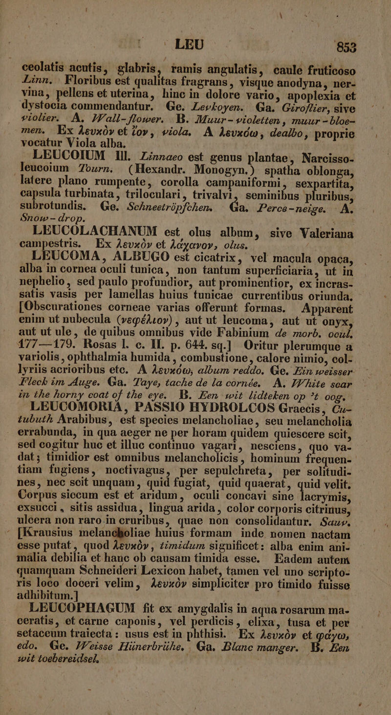 ^LEU CODE ceolatis acutis, glabris, ramis angulatis, caule fruticoso Linn. Floribus est qualitas fragrans, visque anodyna, ner- vina, pellens et uterina, hinc in dolore vario, apoplexia et dystocia commendantur. Ge. Levkoyen. Ga. Giroflier, sive violier. A. JVall- flower. .B. Muur- violetten, muur - bloe- men. Ex Aevxóv et tov, viola. A Asvxów, dealbo, proprie vocatur Viola alba. : . LEUCOIUM Ill. Zinnaeo est genus plantae, Narcisso- leucoium 7our». (MHexandr. Monogyn.) spatha oblonga, latere plano rumpente, corolla campaniformi, sex artita, capsula turbinata , triloculari, trivalvi, seminibus p uribus, subrotundis. Ge. SeAneetrüpfehen. Ga. Perce-neige. | A. Snom - drop. | AT LEUCOLACHANUM est olus album, sive Valeriana campestris. Ex Aevxóv et Adyavor, olus. | LEUCOMA, ALBUGO est cicatrix, vel macula opaca, alba in cornea oculi tunica, non tantum superficiaria, ut in nephelio, sed paulo profundior, aut prominentior, ex incras-. satis vasis per lamellas huius tunicae currentibus oriunda, - [Obscurationes eorneae varias offerunt formas. ^ Apparent enim ut nubecula (vegéAtov) , aut ut leucoma, aut ut onyx, aut ut ule, de quibus omnibus vide Fabinium de zorb. ocu. 177—179. Rosas l. c. II. p. 644. sq.] Oritur plerumque a variolis , ophthalmia humida , combustione, calore nimio, col- lyriis acrioribus etc. A Asvxóu; album reddo. (le. Ein weisser- Fleck im 4Auge. Ga. Taye, tache de la cornée, .A. JF/Aite scar in the horny eoat of the eye. B. Een. soit. lidteken op ?t oog. LEUCOMORIA, PASSIO HYDROLCOS Graecis, Cu- tubuth Arabibus, est species melancholiae, seu melancholia . errabunda, in qua aeger ne per horam quidem quiescere scit, sed cogitur huc et illuc continuo vagari, nesciens, quo va- dat; timidior est omnibus melancholicis , hominum frequen- tiam fugiens, noctivagus, per sepulehreta, per solitudi- nes, nec soit unquam, quid fugiat, quid quaerat, quid velit. Corpus siccum est et aridum, oculi concavi sine lacrymis, exsucci, sitis assidua, lingua arida, color corporis citrinus, ulcera non raro.in cruribus, quae non consolidantur. Saz». ' [Krausius melandholiae huius formam inde nomen nactam esse putat, quod Aevxóv , zimidum significet: alba enim ani- màlia debilia et hanc ob causam timida esse. Eadem autem quamquam Schneideri Lexicon habet, tamen vel uno scripto- ris loco doceri velim, Aevxóv simpliciter pro timido fuisse adhibitum.] | | LEUCOPHAGUM fit ex amygdalis in aqua rosarum ma- ceratis, et carne caponis, vel perdicis, elixa, tusa et per setaceum traiecta: usus est in phthisi. Ex Asvxó» et gdyo, edo. Ge. JPeisse Hünerbrühe. . Ga. Blanc manger. B. Een zwit toebereidsel., |