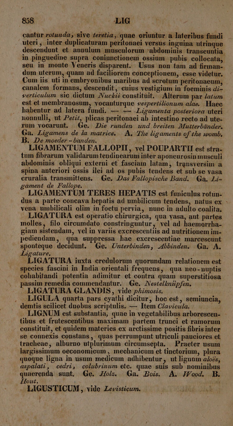 DL. XE B4 s cantur rotunda; sive £zereiia , quae oriuntur a lateribus fundi . uteri, inter duplicaturam peritonaei versus inguina utrinque descendunt et. annulum musculorum -abdominis transeuntia. in pinguedine supra coniunctionem ossium pubis collocata, seu in monte Veneris disparent. Usus non tam ad firman-. dum uterum, quam ad faciliorem conceptionem, esse videtur. Cum iis uti in embryonibus maribus ad scrotum peritonaeum, canalem formans, descendit ,: cuius vestigium in foeminis d;- verticulum sic dictum JNuc&amp;ii constituit. |. Alterum par Za£uz . est e£ membranosum, vocanturque vespertilionum alae. Haec habentur ad latera fundi. — —— .Lzsamenta posteriora uteri nonnulli, ut .Peziz, plicas peritonaei ab intestino recto ad ute- rum vocarunt. | Ge. Je runden und breiten Mutterbünder, Ga. Ligamens de la matrice... A, The ligaments of the womb, : B... De moeder - banden. LIGAMENTUM FALLOPTII, vel POUPARTII est stra- tum fibrarum validarum tendinearum inter aponeurosin inusculi abdominis obliqui externi et fasciam latam, transversim a spina anteriori ossis ilei ad os pubis tendens et sub se vasa cruralia. transmittens. | Ge. JDas Fallopische Band. | Qa, Li- ament de Fallope. ! ERU oM LIGAMENTUM TERES HEPAT'S est funiculus rotun- dus a parte concava hepatis ad umbilicum tendens, natus ex - vena umbilicali olim in foetu pervia, nunc in adulto coalita. LIGATURA est operatio chirurgica, qua vasa, aut partes molles, filo circumdato constringuntur, vel ad haemorrha- giam sistendam, vel in variis excrescentiis ad nutritionem im- - pediendam,. qua suppressa hae excrescentiae marcescunt sponteque. decidunt. Ge. Unzerbinden, J4bbinden. Qa. A. Ligature, dod LIGATURA iuxta credulorum quorundam relationem est speeies fascini in India orientali frequens, qua neo-nuptis eohabitandi potentia adimitur et contra quam superstitiosa assim remedia commendantur. | &amp;e.. JNestelinZpfen. LIGATURA GLANDIS, vide pAmosis. ; LIGULA quarta pars cyathi dicitur, hoc est, semiuncia, demtis scilicet duobus scriptulis. — Item C/avzcz/a. | — LIGNUM est substantia, quae in vegetabilibus arborescen- tibus et frutescentibus maximam partem trunci et ramorum constituit, et quidem materies ex arctissime positis fibris inter se connexis constans, quas perrumpunt utriculi pauciores et. tracheae, alburno utplurimum cireumsepta. — Praeter usum largissimum oeconomicum , mechanicüm et tinctorium, plura quoque ligna in usum medicum adhibentur, ut lignum aZoes, aspalati , cedri, colubrinum ete. quae suis sub nominibus quaerenda sunt. e. J/o/z. Ga. .Bois. A. JZood. B. Hout, hoc e .. LIGUSTICUM , vide Lewisticum. !