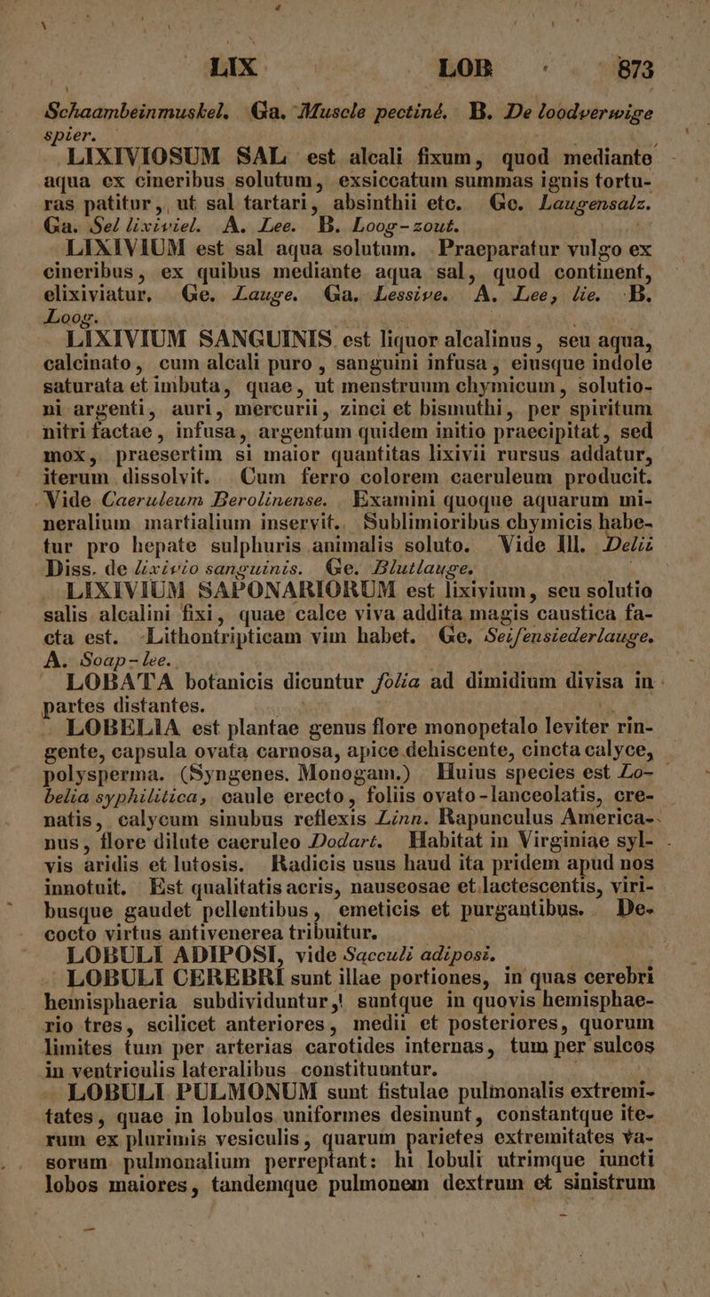 LIX. BOB -* . UB) Schaambeinmuskel, Ga. Muscle pectiné, B. De loodverwige spier. | MN , LIXIVIOSUM SAL est alcali fixum, quod mediante aqua ex cineribus solutum, | exsiccatum summas ignis tortu- ras patitur, ut sal tartari, absinthii etc. Ge. Lausgensa/z. Ga. Se/ liviviel. A. Lee. B. Loog-zout. N LIXIVIUM est sal aqua solutum. |. Praeparatur vulgo ex cineribus, ex quibus mediante aqua sal, quod continent, elixiviatur, Ge. Lausge. Qa. Lessive. A. Lee, He. B. Loog. TM lad | LIXIVIUM SANGUINIS. est liquor alcalinus, seu aqua, calcinato, cum aleali puro , sanguini infusa , eiusque indole saturata et imbuta, quae, ut menstruum chymicum , solutio- ni argenti, auri, mercurii, zinci et bismuthi, per spiritum nitri factae, infusa, argentum quidem initio praecipitat, sed mox, praesertim si maior quantitas lixivii rursus addatur, iterum . dissolvit. | Cum ferro colorem caeruleum producit. . Vide. Caerudeum Berolinense. Eixamini quoque aquarum mi- neralium martialium inservit. Sublimioribus chymicis habe- tur pro hepate sulphuris animalis soluto. . Vide lll. Dez Diss. de Zxivio sanguznzs. (Ge. Blutlauge. | LIXIVIUM SAPONARIORUM est lixivium, seu solutio salis. alcalini fixi, quae calce viva addita magis caustica fa- cta est. -Lithontripticam vim habet. | Ge, Sez/euszeder/auge, A. Soap - lee. | | J LOBATA botanicis dicuntur foZa ad dimidium divisa in - partes distantes. D | pF - LOBELIA est plantae genus flore monopetalo leviter rin- gente, capsula ovata carnosa, apice dehiscente, cincta calyce, polysperma. (Syngenes. Monogam.) Huius species est Lo- belia syphilitica, caule erecto , foliis ovato -lanceolatis, cre- natis, calycum sinubus reflexis Zinn. Rapunculus America-. nus, flore dilute caeruleo odarz. Habitat in Virginiae syl- . vis aridis etlutosis. Kadicis usus haud ita pridem apud nos innotuit. Est qualitatis acris, nauseosae et lactescentis, viri- busque gaudet pellentibus, emeticis et purgantibus. . De- cocto virtus antivenerea tribuitur. yr LOBULI ADIPOSI, vide SaccuZi adzposi. quus LOBULI CEREBRI sunt illae portiones, in quas cerebri heinisphaeria subdividuntur,! suntque in quovis hemisphae- rio tres, scilicet anteriores, medii et posteriores, quorum limites tum per arterias carotides internas, tum per sulcos in ventrieulis lateralibus constituuntur. | - LOBULI PULMONUM sunt fistulae pulmonalis extremi- tates, quae in lobulos uniformes desinunt, constantque ite- rum ex plurimis vesiculis, quarum parietes extremitates va- sorum. pulmonalium perreptant: hi lobuli utrimque iuncti lobos maiores, tandemque pulmonem dextrum et sinistrum —