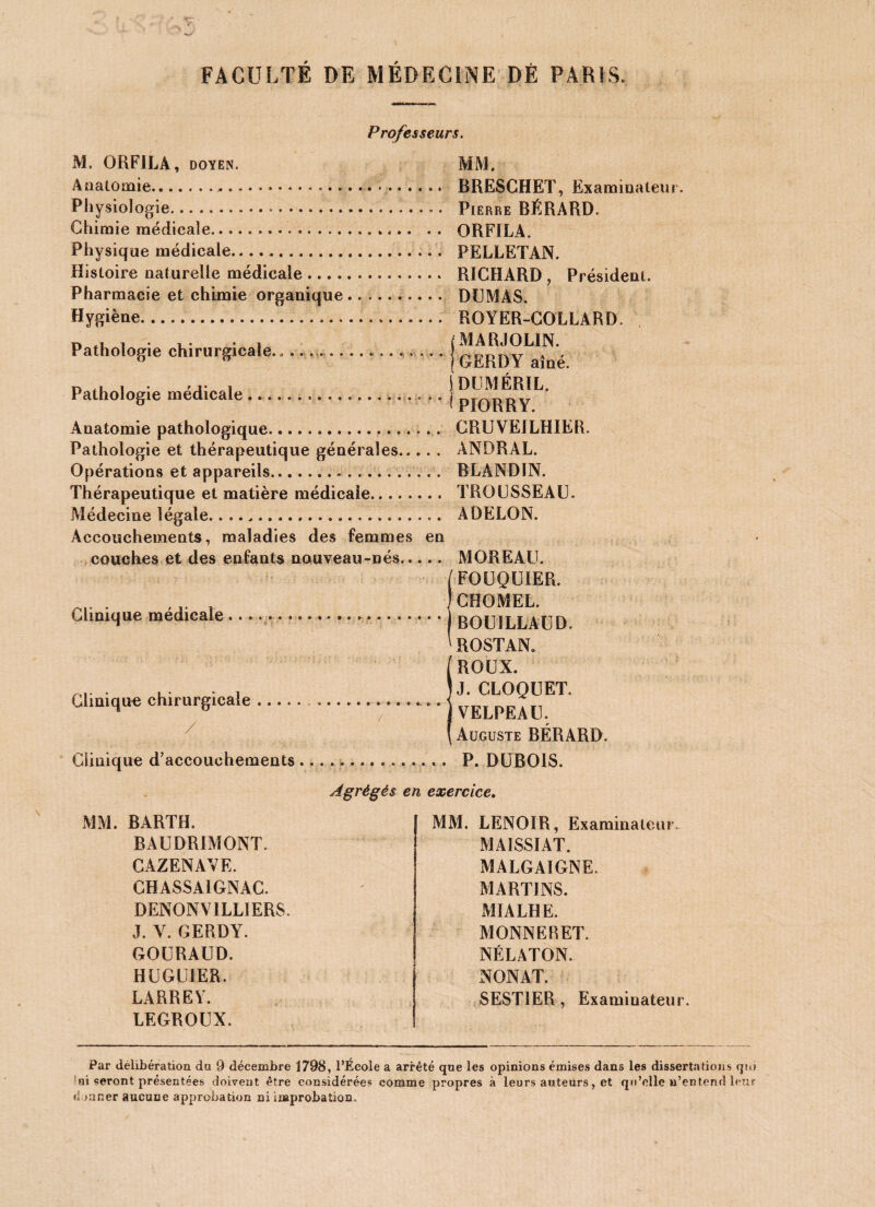 M. 0RF1LA, DOYEN. Anatomie.. Physiologie... Chimie médicale... Physique médicale. Histoire naturelle médicale ... . Pharmacie et chimie organique Hygiène. Pathologie chirurgicale., ____ Pathologie médicale.. Professeurs. MM. . BRESGHET, Examinateur. ... Pierre BÉRARD. . ORFILA. . PELLETAN. • ..* RICHARD , Président. . DUMAS. ... ROYER-COLLARD. (MARJOL1N. .j GERDY aîné. ) DUMÉRIL. .■ ” (PIORRY. Anatomie pathologique. CRUVE1LHIER. Pathologie et thérapeutique générales.... . ANDRAL. Opérations et appareils.. BLANDIN. Thérapeutique et matière médicale. TROUSSEAU. Médecine légale. A DELON. Accouchements, maladies des femmes en couches et des enfants nouveau-nés.. Clinique médicale Clinique chirurgicale .... / Clinique d’accouchements MOREAU. (FOUQUIER. CHOMEL. BOUILLAUD. ' ROSTAN. IROUX. J. CLOQUET. VELPEAU. Auguste BÉRARD. P. DUBOIS. Agrégés en exercice. MM. BARTH. BAUDRIMONT. CÀZENAVE. CHASSA1GNAC. DENONV1LLIERS. J. Y. GERDY. GOURAUD. HUGU1ER. LARREV. LEGROUX. MM. LEN01R, Examinateur. MA1SSIAT. MALGAIGNE. MARTINS. MIALHE. MONNERET. NÉLATON. NONAT. SEST1ER, Examinateur. Par délibération du 9 décembre 1798, l’École a arrêté que les opinions émises dans les dissertations qui ni seront présentées doivent être considérées comme propres à leurs auteurs, et qu'elle n’entend leur »i janer aucune approbation ni improbation.