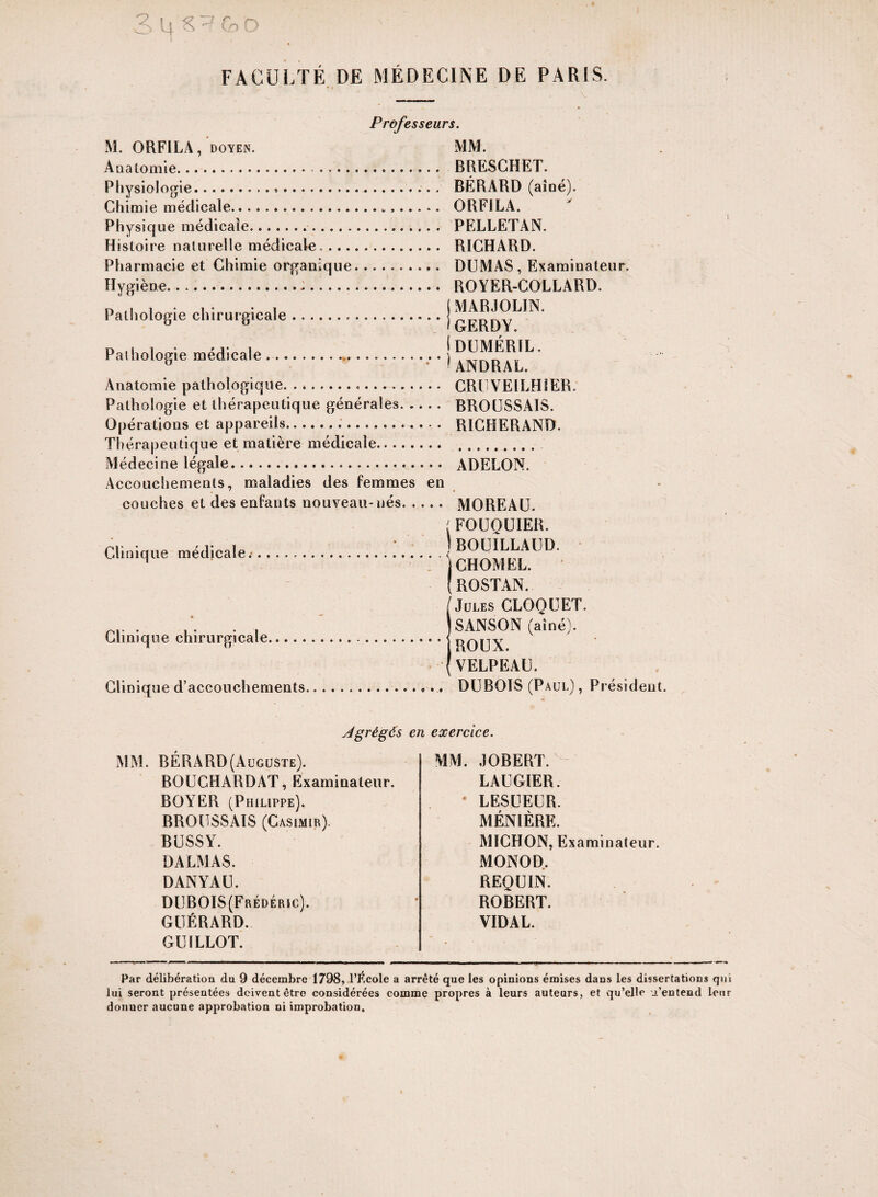 3 U K Qy O FACULTÉ DE MÉDECINE DE PARIS. Professeurs. M. ORFILA, doyen. MM. Anatomie. . BRESCHET. Physiologie.».... BÉRARD (aîné). Chimie médicale.... ORFILA. Physique médicale... PELLETAN. Histoire naturelle médicale. RICHARD. Pharmacie et Chimie organique.,. DUMAS , Examinateur. Hygiène... ROYER-COLLARD. Pathologie chirurgicale.j Pathologie médicale ....... • | y^DRAl^ Anatomie pathologique. CRUVEILHIER. Pathologie et thérapeutique générales. BROUSSAIS. Opérations et appareils... RICHERAND. Thérapeutique et matière médicale. . Médecine légale. ADELON. Accouchements, maladies des femmes en couches et des enfants nouveau-nés. MOREAU. ( FOUQUIER. ri;„;mio . ] BOUILLAUD. Clinique med.cale. JCHOMEL. (ROSTAN. / Jules CLOQUET. . , SANSON (aîné). ;,cale. ROUX. (VELPEAU. Clinique d’accouchements.. . . DUBOIS (Paul), Président. Clinique chirurgi MM. BERARD (Auguste). BOUGHARDAT, Examinateur. BOYER (Philippe). BROUSSAIS (Casimir). BUSSY. DALMAS. DANYAU. DUBOIS(Frédéric). GUÉRARD. GU ILLOT. Agrégés en exercice. MM. JOBERT. LAUGIER. LESUEUR. MÉN1ÈRE. MICHON, Examinateur. MONOD.. REQUIN. ROBERT. VIDAL. Par délibération du 9 décembre 1798, l’École a arrêté que les opinions émises dans les dissertations qui lui seront présentées doivent être considérées comme propres à leurs auteurs, et qu’elle u’entend leur donuer aucune approbation ni improbation.