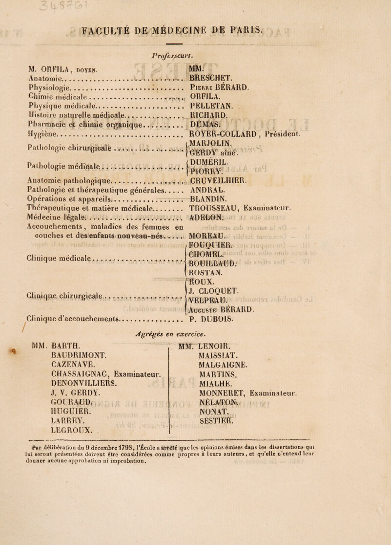 Professeurs. M. ORFILA, doyen, MM. Anatomie.. «« «>.«.«..« ..*•*«•• .« ... • • ... 15-RFiSCiH liX. Physiologie...... Pierre BÉRÀRD. Chimie médicale ...... n ORFILA. Physique médicale... PELLETAN. Histoire naturelle médicale... RICHARD. Pharmacie et chimie organique.. DUMAS. Hygiène...... ROYER-COLLARD , Président. D. , ( MARJOLIN. Pathologie chirurgicale.... K Pathologie médicale GERDY aidé. j DUMÉRIL. | pi o rr¥; 5 Anatomie pathologique.................. CRUVEILHIER. Pathologie et thérapeutique générales. .... ANDRAL. Opérations et appareils.. BLANDIN. Thérapeutique et matière médicale. TROUSSEAU, Examinateur. Médecine légale.. ADELON. Accouchements, maladies des femmes en o couches et des enfants nouveau-nés ..... MOREAU. FOUQUIER. Clinique médicale. J * i i ii.il î mr> Hu • «•••««« / CIIOMEL. BOUILLAUD. ROSTAN. ROUX. J. CLOQUET. ‘ * * * ] VELPEAU. Auguste BÉRARD Clinique d'accouchements... P. DUBOIS. Agrégés en exercice. Clinique chirurgicale MM. BARTH. BAUDRIMONT. CAZENAVE. CHASSAIGNAC, Examinateur. DENONVILLIERS. J. Y. GERDY. GOURAUD. HUGUÏER. LARREY. LEGROUX. MM. LENOIR. MAISSIAT. MALGAIGNE. MARTINS. MIALHE. MONNERET, Examinateur. NÉLATONv N ON AT. SESTIER. Par délibération du 9 décembre 179S, l’École a arrêté que les opinions émises dans les dissertations qui lui seront présentées doivent être considérées comme propres à leurs auteurs, et qu’elle n’entend leur donner aucune approbation ni improbation.