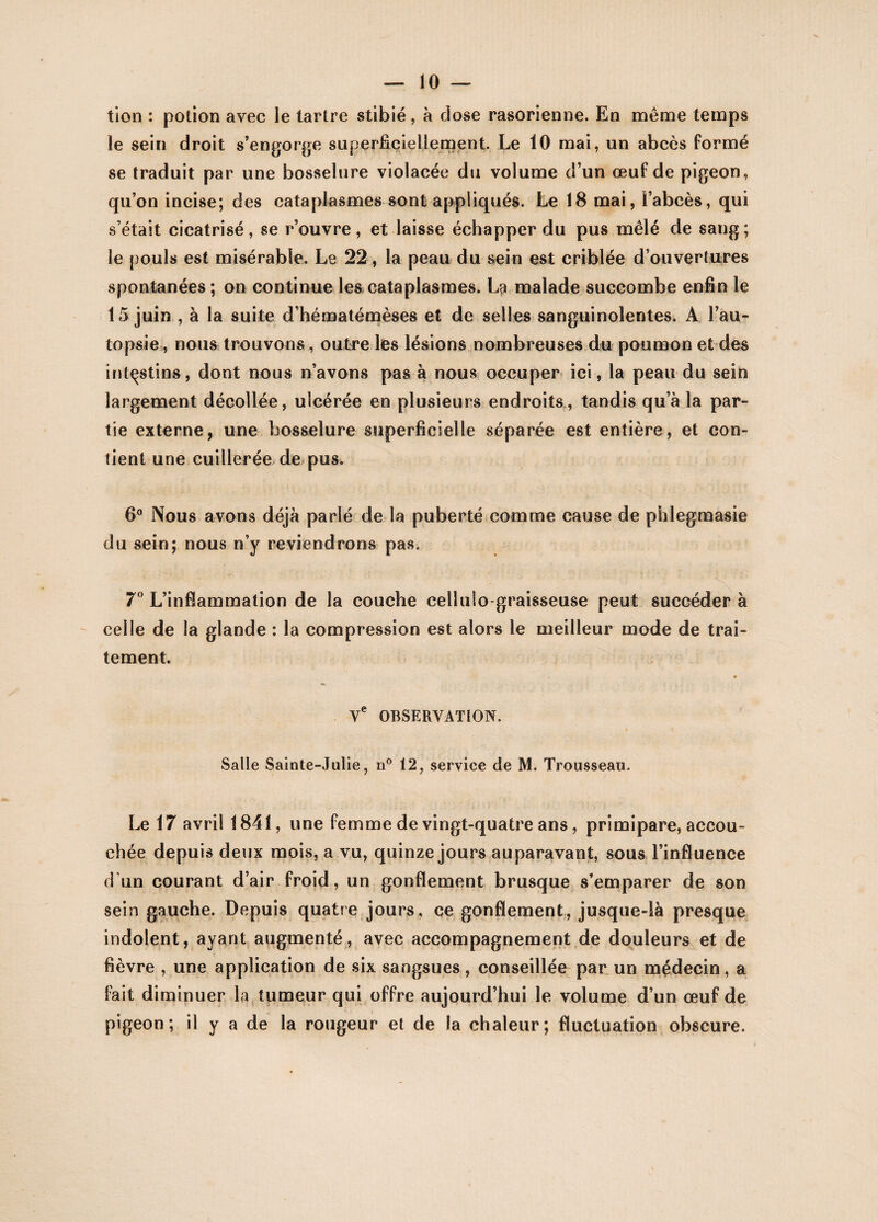 tion : potion avec le tartre stibié, à dose rasorienne. En même temps le sein droit s’engorge superficiellement. Le 10 mai, un abcès formé se traduit par une bosselure violacée du volume d’un œuf de pigeon, qu’on incise; des cataplasmes sont appliqués. Le 18 mai, l’abcès, qui s’était cicatrisé, se r’ouvre, et laisse échapper du pus mêlé de sang; le pouls est misérable. Le 22, la peau du sein est criblée d’ouvertures spontanées ; on continue les cataplasmes. La malade succombe enfin le 15 juin , à la suite d’hématémèses et de selles sanguinolentes. A l’au¬ topsie, nous trouvons , outre les lésions nombreuses du poumon et des intestins, dont nous n’avons pas à nous occuper ici, la peau du sein largement décollée, ulcérée en plusieurs endroits, tandis qu’à la par¬ tie externe, une bosselure superficielle séparée est entière, et con¬ tient une cuillerée de pus. 6° Nous avons déjà parlé de la puberté comme cause de phlegmasie du sein; nous n’y reviendrons pas. 7° L’inflammation de la couche cellulo-graisseuse peut succéder à celle de la glande : la compression est alors le meilleur mode de trai¬ tement. Ve OBSERVATION. Salle Sainte-Julie, n° 12, service de M. Trousseau. Le 17 avril 1841, une femme de vingt-quatre ans, primipare, accou¬ chée depuis deux mois, a vu, quinze jours auparavant, sous l’influence d’un courant d’air froid, un gonflement brusque s’emparer de son sein gauche. Depuis quatre jours, ce gonflement, jusque-là presque indolent, ayant augmenté, avec accompagnement de douleurs et de fièvre , une application de six sangsues, conseillée par un médecin, a fait diminuer la tumeur qui offre aujourd’hui le volume d’un œuf de pigeon; il y a de la rougeur et de la chaleur; fluctuation obscure.