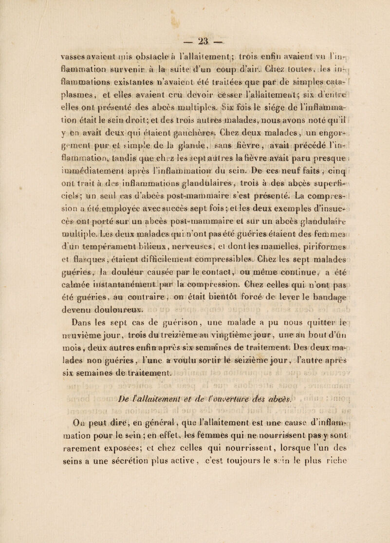 vassesavaient mis obstacle à l’allaitement ; trois enfin avaient vu l’in-, flammation survenir à la suite d’un coup d'air. Chez toutes, les in¬ flammations existantes n’avaient été traitées que par de simples cata¬ plasmes, et elles avaient cru devoir cesser l'allaitement ; six d’entre elles ont présenté des abcès multiples. Six fois le siège de l’inflamma- tion était le sein droit; et des trois autres malades, nous avons noté qu i! y en avait deux qui étaient gauchères. Chez deux malades, un engor^ gernenl pur et simple de la glande, sans fièvre, avait précédé l'in¬ flammation, tandis que chez les sept autres la fièvre avait paru presque immédiatement après l'inflammation du sein. De ces neuf faits , cinq ont trait à des inflammations glandulaires, trois à des abcès superfi¬ ciels; un seul cas d’abcès post-mammaire s'est présenté. La compres¬ sion a été employée avecstiecès sept fois; elles deux exemples d’insuc¬ cès ont porté sur un abcès post-mammaire et sur un abcès glandulaire multiple. Les deux malades qui n’ont pas été guéries étaient des femmes d’un tempérament bilieux, nerveuses, et dont les mamelles, piriformes et flasques, étaient difficilement; compressibles. Chez les sept malades guéries, la douleur causée par le contact, ou même continue, a été calmée instantanémeTit- par* la compression. Chez celles qui n’ont pas été guéries , au contraire , on était bientôt forcé de lever le bandage devenu douloureux. Dans les sept cas de guérison, une malade a pu nous quitter le neuvième jour, trois du treizième au vingtième jour, une an bout d’un mois, deux autres enfin après six semaines de traitement. Des deux ma¬ lades non guéries, lune a voulusortir lé seizième jour, l’autre après six semaines de traitement. De l'allaitement èt de Couverture des abcès. On peut dire, en général, que l’allaitement est une cause d’inflatn* mation pour le sein ; en effet, les femmes qui ne nourrissent pas y sont rarement exposées; et chez celles qui nourrissent, lorsque l’un des seins a une sécrétion plus active, c’est toujours le sein le plus riche