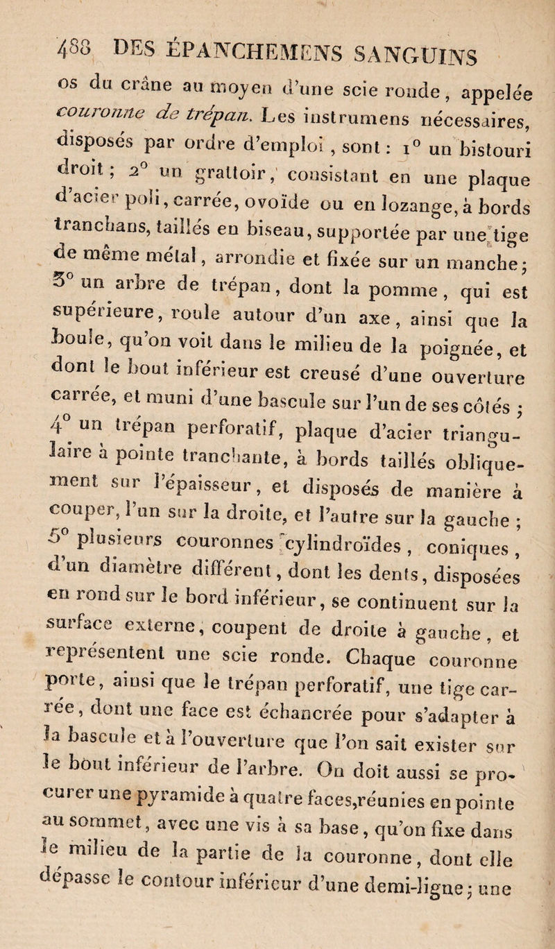 os du crâne au moyen d’une scie ronde, appelée couronne de trépan. Les iustruniens nécessaires, disposés par ordre d’emploi, sont ; 1“ un bistouri droit ; 2^ un grattoir,' consistant en une plaque d’acier poli, carrée, ovoïde ou en lozange,à bords trancbans, taillés en biseau, supportée par une’tige de même métal, arrondie et fixée sur un manche; 3 un atbre de trépan, dont la pomme, qui est supérieure, roule autour d’un axe, ainsi que la boule, qu’on voit dans le milieu de la poignée, et dont le bout inférieur est creusé d’une ouverture carrée, et muni d’une bascule sur l’un de ses côtés ; 4“ un trépan perforalif, plaque d’acier triangu¬ laire à pointe tranchante, à bords taillés oblique¬ ment sur l’épaisseur, et disposés de manière à couper, 1 un sur la droite, et l’autre sur la gauche ; 5“ plusieurs couronnes :cylindroïdes , coniques ,’ d’un diamètre différent, dont les dents, disposées en rond sur le bord inférieur, se continuent sur la surface externe, coupent de droite à gauche, et représentent une scie ronde. Chaque couronne porte, ainsi que le trépan perforatif, une tige car¬ rée, dont une face est échaocrée pour s’adapter à la bascule et à l’ouverture que l’on sait exister sur le bout inférieur de l’arbre. On doit aussi se pro- curer une pyramide à quatre faces,réunies en pointe au sommet, avec une vis à sa base, qu’on fixe dans ie milieu de la partie de la couronne, dont elle dépassé le contour inférieur d’une demi-ligne; une