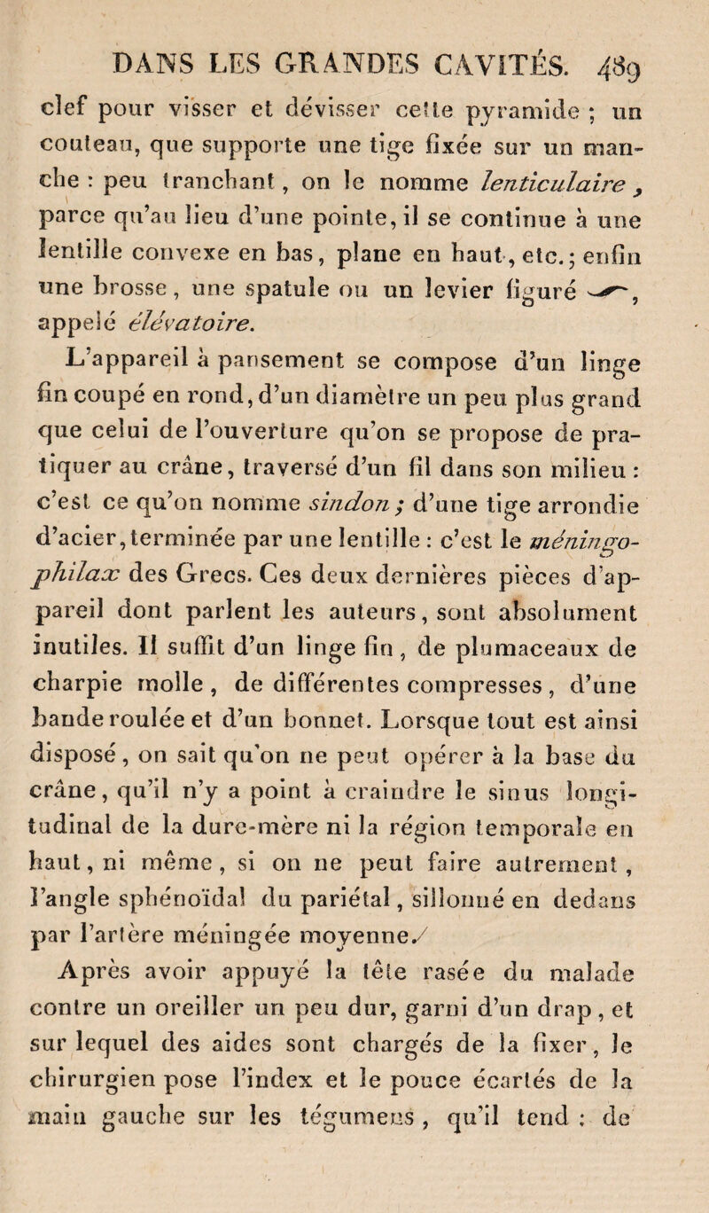 clef pour visser et dévisser celte pyramide ; un couteau, que supporte une tige fixée sur un man¬ che : peu tranchant, on le nomme lenticulaire . ' • . . ^ parce qu’au lieu d’une pointe, il se continue à une lentille convexe en bas, plane en haut, etc.; enfin une brosse, une spatule ou un levier figuré appelé élévatoire. L’appareil à pansement se compose d’un linge fin coupé en rond, d’un diamètre un peu plus grand que celui de l’ouverture qu’on se propose de pra¬ tiquer au crâne, traversé d’un fil dans son milieu : c’est ce qu’on nomme sindon; d’une tige arrondie d’acier,terminée par une lentille : c’est le méninqo- philaæ des Grecs. Ces deux dernières pièces d’ap¬ pareil dont parlent les auteurs, sont absolument inutiles. Il suffit d’un linge fin, de plumaceaux de charpie molle, de différentes compresses, d’une bande roulée et d’un bonnet. Lorsque tout est ainsi disposé, on sait qu’on ne peut opérer à la base du crâne, qu’il n’y a point â craindre le sinus longi¬ tudinal de la dure-mère ni la région temporale en haut, ni même, si on ne peut faire autrement, l’angle sphénoïdal du pariétal, sillonné en dedans par l’arfère méningée moyenne. Après avoir appuyé la tête rasée du malade contre un oreiller un peu dur, garni d’un drap, et sur lequel des aides sont chargés de la fixer, le chirurgien pose l’index et le pouce écartés de la main gauche sur les tégiimens , qu’il tend : de