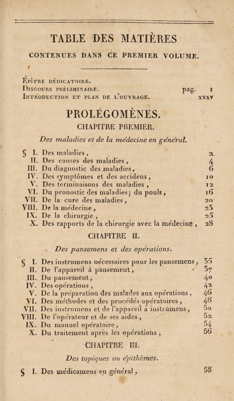 TABLE DES MATIÈRES CONTENUES DANS CE PREMIER VOLUME. f ___ EpÎtRE DÉDICÀTOIRE. Discours préliminaire. Introduction et plan de l’ouvrage. J pag. ï XXXV PROLÉGOMÈNES. CHAPITRE PREMIER. Des maladies et de la me'decine en ge'néraL § I. Des maladies , 3, II. Des causes des maladies , 4 III. Du diagnostic des maladies, 6 IV. Des symptômes et des accidens , 10 V. Des terminaisons des maladies , 12 VI. Du pronostic des maladies^ du pouls , 16 VU. De la cure des maladies, 20 VIII. De la me'decine , 25 IX. De la chirurgie , ' 25 X. Des rapports de la chirurgie avec la me'decine , 28 CHAPITRE II. Des pansemens et des operations. § I. Des instrurnens necessaires pour les pansemens , II. De l’appareil à pansement, ^ III. Du pansement, IV. Des ope'rations , V. De la préparation des malades aux ope'rations, VI. Des méthodes et des procede's opératoires , VII. Des instrurnens et de l’appareil à instrurnens, VIII. De l’operateur et de ses aides , IX. Du manuel opératoire, X. Du traitement après les ope'rations , 55 57 40 42 46 48 5a 62 54 56 CHAPITRE III. Des topiques ou e'pithèmes. 58