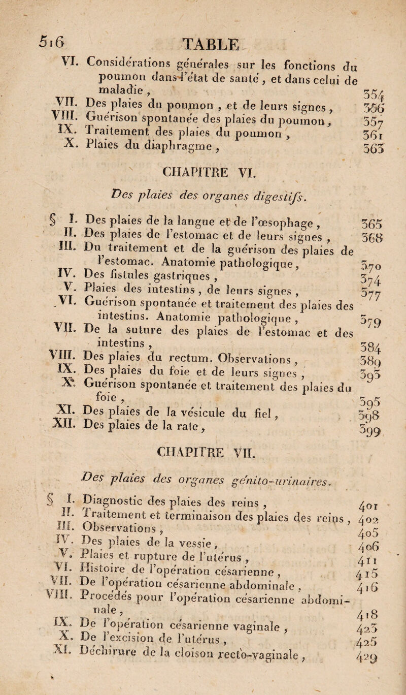 VI. Considérations generales sur les fonctions du poumon clans^Vtat de saute , et dans celui de maladie , VIT. Des plaies du poumon , et de leurs signes , VllT. GueVison spontane'e des plaies du poumon, ÎX. T raitement des plaies du poumon ^ X. Plaies du diaphragme , CHAPITRE VI. \ Des plaies des organes digestifs. î ï. II. ÏII. IV. V. VI. VIL VIII. IX. X'. XL XIL § I. IL m. ÏV. V. Vf. Vil. 554 55G 557 56T OÙ y V IX. X. Des plaies de la langue et de l’oesophage , Des plaies de l’estomac et de leurs signes , Dii^ traitement et de la gne'rison des plaies de l’estomac. Anatomie pathologique, Des fistules gastriques , Plaies des intestins, de leurs signes , Guérison spontanée et traitement des plaies des intestins. Anatomie pathologique , De la suture des plaies de l’estomac et des intestins , Des plaies du rectum. Observations ^ Des plaies du foie et de leurs signes , Guérison spontanée et traitement des plaies du foie , Des plaies de la vésicule du fiel ^ Des plaies de la raie, CHAPITRE VIL Des plaies des organes gedito-urinaires. Diagnostic des plaies des reins , Traitement et terminaison des plaies des reins , Observations, ^ Des plaies de la vessie, Plaies et rupture de l’uterus , Histoire de l’ope'ration césarienne , De 1 operation cesarienne abdominale , Pi ocedes pour l’operation cesarienne abdomi¬ nale , De I operation cesarienne vaginale , De l’excision de futerus, Decmrure de l.a cloison jrect'o-V3gmale ^ 565 56R 570 574 577 %9 584 58q 595. 595 598 599 4or 402 405 406 4n 415 416 4«8 425 425