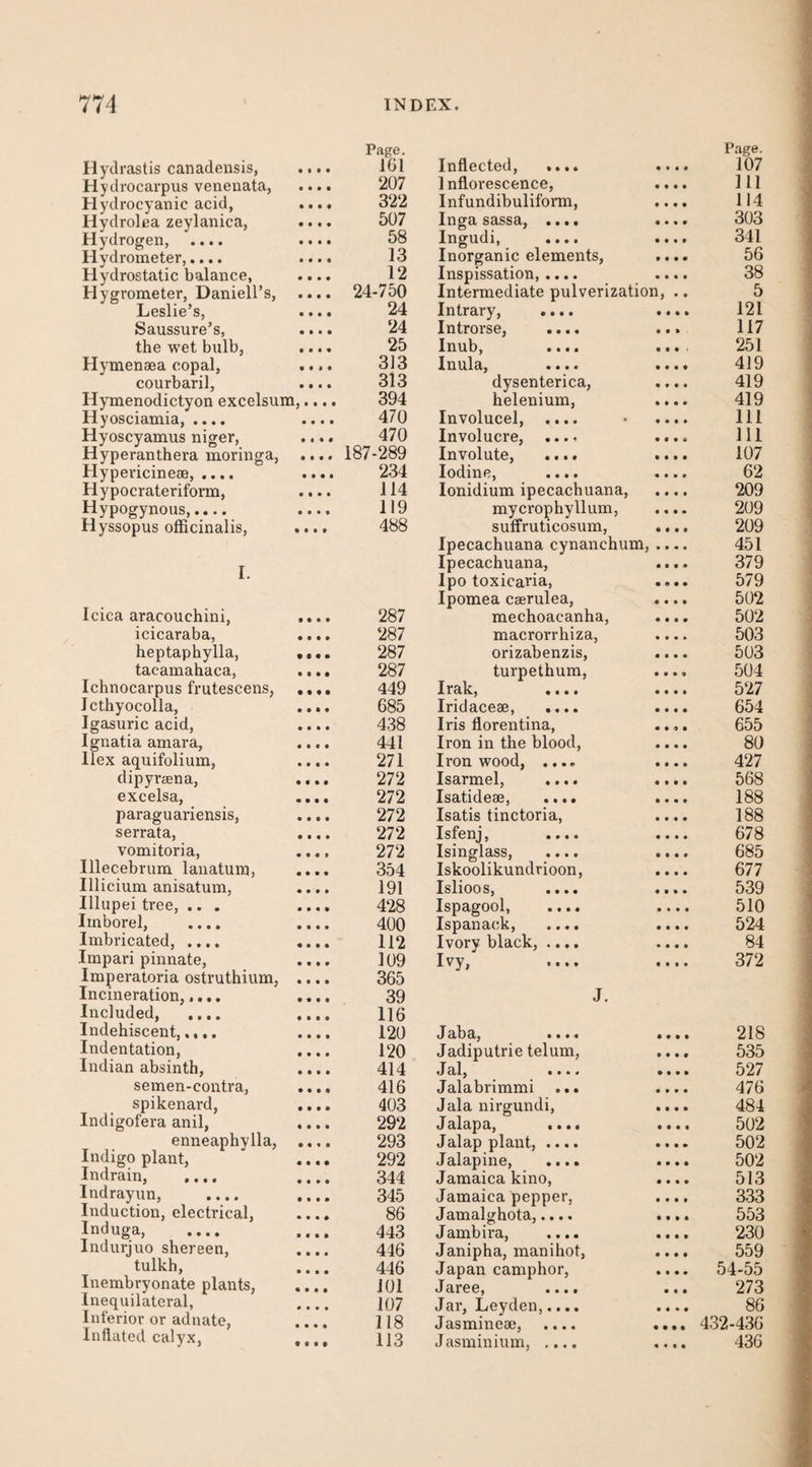 Page. Page. Hydrastis canadensis, • • • • 161 Inflected, .... 107 Hydrocarpus venenata, • • • • 207 Inflorescence, 111 Hydrocyanic acid, • • • • 322 Infundibulifom, II4 Hydrolea zeylanica, • • • • 507 Inga sassa, .... .. . 303 Hydrogen, .... • • • • 58 Ingudi, .... . 341 Hydrometer,.... • • • • 13 Inorganic elements. . 56 Hydrostatic balance, • • • • 12 Inspissation, .... . 38 Hygrometer*, Daniell’s, • • • • 24-750 Intermediate pulverization. . 5 Leslie’s, • • • • 24 Intrary, .... 121 Saussure’s, 24 Introrse, .... 117 the wet bulb. • • • • 25 Inub, .... .. 251 Hymenaea copal. • • « • 313 Inula, .... , 419 courbaril, 313 dysenterica, 419 Hymenodictyon excelsum,.... 394 helenium, 419 Hyosciamia, .... • • • • 470 Involucel, .... 111 Hyoscyamus niger. • « • « 470 Involucre, .... .. 111 Hyperanthera moringa, • • • • 187-289 Involute, .... .. 107 Hypericineae, .... • • • • 234 Iodine, .... 62 Hypocrateriform, • • • • 114 lonidium ipecachuana. 209 Hypogynous,.... 119 mycrophyllum, 209 Hyssopus officinalis, « • • • 488 sutfruticosum, .. 209 Ipecachuana cynanchum, .. 451 r Ipecachuana, 379 i. Ipo toxicafia, 579 Ipomea caerulea. 502 Idea aracouchini, • • • • 287 mechoacanha, 502 icicaraba, • • • » 287 macrorrhiza. 503 heptaphylla, • • • • 287 orizabenzis. 503 tacamahaca, • t • • 287 turpethum, 504 Ichnocarpus frutescens, • • • • 449 Irak, .... 527 Icthyocolla, • • • • 685 Iridaceae, .... 654 Igasuric acid, * • • • 438 Iris florentina. 655 Igiiatia amara, • • « • 441 Iron in the blood, 80 Ilex aquifolium, • • « • 271 Iron wood, .... .. 427 dipyraena, • • • • 272 Isarmel, .... .. 568 excelsa. • • • • 272 Isatidese, .... 188 paraguariensis. • • • • 272 Isatis tinctoria, 188 serrata. • • • • 272 Isfenj, .... 678 vomitoria. • • • 1 272 Isinglass, .... .. 685 Illecebrum lanatuno, « • • • 354 Iskoolikundrioon, 677 Illicium anisatum, • • • • 191 Islioos, .... 539 Illupei tree, .. . • • • • 428 Ispagool, .... 510 Imborel, .... • • • • 400 Ispanack, .... 524 Imbricated, .... • • • • 112 Ivory black, .... 84 Impari pinnate. • * • » 109 Ivy, .... 372 Imperatoria ostruthium. • ■ • • 365 Incineration,..,, • • • • 39 J. Included, .... • • • • 116 Indehiscent,.... • • • • 120 tj cLl)St^ • • • 4 • • . 218 Indentation, • • • • 120 Jadiputrie telum, . 535 Indian absinth, • • • • 414 Jcllj • » • « • • 527 semen-contra, • • • • 416 Jalabrimmi ... 476 spikenard, • • • • 403 Jala nirgundi, 484 Indigofera anil, • • • a 292 J • • • • • • 502 enneaphylla, 293 Jalap plant, .... 502 Indigo plant, • • • • 292 Jalapine, .... . 502 indrain, ,.,, • a • • 344 Jamaica kino. 513 Indrayun, .... • a • • 345 Jamaica pepper, . 333 Induction, electrical. • a a # 86 Jamalghota,.... .. 553 Induga, .... • • a • 443 Jambira, .... . 230 Indurjuo shereen, a • a t 446 Janipha, manihot. 559 tulkh. a a a a 446 Japan camphor, . 54-55 Inembryonate plants. « a a a 101 Jaree, .... 273 Inequilateral, a a a a 107 Jar, Leyden,.... 86 Interior or adnate, a a a a 118 Jasmineae, .... .. . 432-436 Inflated calyx, 113 Jasminium, .... 436