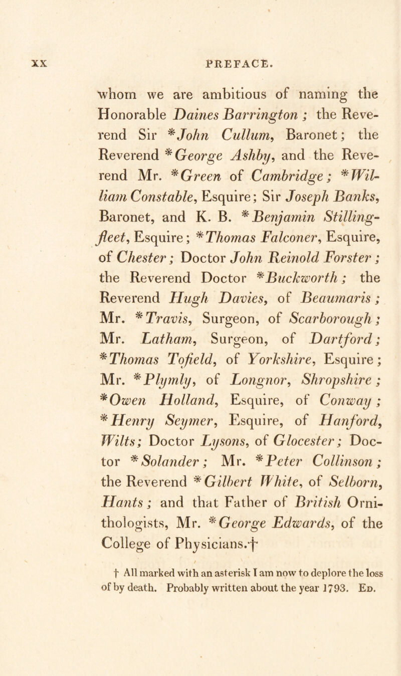 ^vhorn we are ambitious of naming the Honorable Daines Barrington ; the Reve¬ rend Sir ^John Cullum, Baronet; the Reverend ^George Ashby^ and the Reve- , rend Mr. ^ Green oi Cambridge; ^WiU Ham Constable^ Esquire; Sir Joseph Baiiks^ Baronet, and K. B. ^Benjamin Stillings fleets Esquire; ^Thomas Falconer^ Esquire, of Chester; Doctor John Beinold Forster; the Reverend Doctor ^Buckworth; the Reverend Hugh Davies^ of Beaumaris; Mr. ^Travis^ Surgeon, of Scarborough; Mr. Latham^ Surgeon, of Dartford; ^Thomas Tqfield^ of Yorkshire^ Esquire; Mr. ^Plymly^ of Longnor, Shropshire; ^Owen Holland^ Esquire, of Conway; ^ Henry Seymer^ Esquire, of Hanford^ Wilts; Doctor Lysons^ of Glocester; Doc¬ tor ^ Solander; Mr. ^Peter Collinson ; the Reverend ^Gilbert Jfhite^ of Selborn^ Hants; and that Father of British Orni¬ thologists, Mr. ^George Edwards^ of the College of Physicians.*!* / t All marked with an asterisk I am now to deplore the loss of by death. Probably written about the year J 793. Ed.