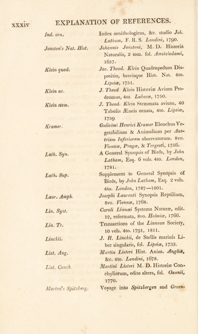 Ind. orn, Jonstons Nat. Hist. Klein quad. Klein av. Klein stem, Kramer. Lath. Syn. Lath, Sup. ' Laur, Amph. Lin. Syst. Lin. Tr. LincJcii. List. Ang. List. Conch. Martens Spitzherg. Index ornithologicus, &c. studio Joh. Lathamf F. R. S. Londini, 1790. Johannis Jonstoni, M. D. Historia Naturalis, 2 tom. fol. Amstelodamig 1657. Jac. Theod. Klein Quadrupedum Dis- positio, brevisque Hist. Nat. 4to. Lipsiae, 1751. J. Theod Klein Historise Avium Pro- dromus, 4to Luhecce, 1750. J. Theod. Klein Stemmata avium, 40 Tabulis .ffineis ornata, 4to. Lipsice, 1759 Gidielmi Henrici Kramer Elenchus Ve- getabilium & Animalium per Aus- triam Inferiorem observatorum. 8vo. Viennce, PragcCi Sc Tergesti^ 1756. A General Synopsis of Birds, by John Latham, Esq. 6 vols. 4to. London, 1781. Supplement to General Synopsis of Birds, by John Latham, Esq. 2 vols. 4to. London, 1787—1801. Josephi Laurenti Synopsis Reptilium, 8vo. Viennce, 1768. Caroli Linncei Systema Naturae, edit. 12, reformata, 8vo. Holmice, 1766. Transactions of the Linnean Society, 10 vols. 4to. 179H 1811. J. H. Linckii, de Stellis marinis Li¬ ber singularis, fol. Lipsi(B, 1733. Martin Listeri Hist. Anim. Anglidk, Scc. 4to. Londini, I678. Martini Listeri M. D. Historise Con- chyliorum, edito altera, fol. Oxonii, 1770. Voyage into Spitsbergen and Green-
