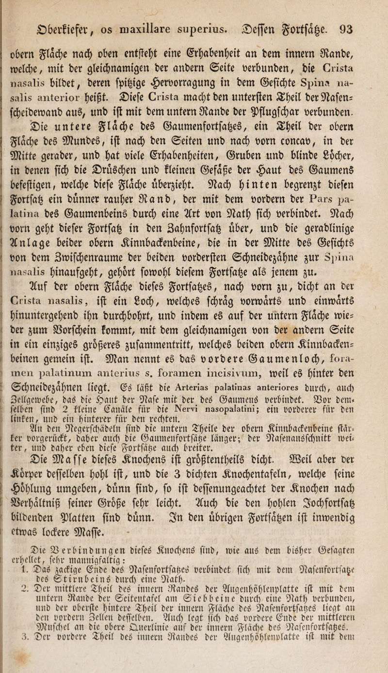 I übern gldc^e nad) oben ent|Tebt eine ^rbabenbeit on tem innern S^anbe, t wetdbe, mit ber gleicbnamtgen ber anbern Seite r^erbunben, bie Crista ) «asalis bilbet, beten f^i^ige »^etüorragung in bem (Seffdbte Spina na- j salis anterior beißt £)iefe Crista mac^tben unterflen berDlafen^ !i fdb^ibetranb au6, unb ift mit bem untern S^anbe ber 3)f[u9fd)nr üerbunben. ^ie untere glddbe be§ ©aumenfortfa^eS, ein ber obern i gtdcbe be§ Sl}?unbe§, ij! nadb ben Seiten unb nach üorn concaü, in ber ] ?0titte geraber, unb bnt üiete ^rbabenbeiten, ©ruben unb blinbe ßbcber, 1 in benen ftcb bie ^rüadben unb fteinen ©efdße ber »^aut be§ ®aumen§ r befeßigen, melcbe biefe gldd)e uberjiebt S^ad) begrenzt biefen ? gortfa^ ein bunner raubet fEanb, ber mit bem üorbern ber Pars pa- ; latina be§ ©aumenbeinö burd) eine Zrt von ^Jlatb ftd; uerbinbet. ^)lad) ' uorn gebt biefer Sortfa^ in ben Sabnfortfa^ über, unb bie gerablinige ! 2Cnlage beiber übern ^innbacfenbeine, bie in ber 9}titte be^ ©eficbtS ^ üon bem 3mifd)enraume ber beiben uorberjten Sdbneibejabne jur Spina nasalis binaufgebt, gebürt fomobl biefem gürtfa^e a(6 jenem ju. 2tuf ber obern SIdcbe biefe§ gürtfa|e§, nach uorn ju, bid)t an ber Crista nasalis, ijl ein ßücb, metcbeS fd)rdg oormdrt^ unb einwärts b^ttiJJ^tergebenb ibn burd)bübrt unb inbem eS auf ber untern gtdd)e wie? ber jum SSorfd^ein fommt, mit bem gleichnamigen Oün ber anbern Seite i in ein einziges größeres jufammentritt welches beiben obern ^innbaden? ^ beinen gemein ift. SQtan nennt eS baS oorbere (Saumenlod)/ fora- men palatinum anteriiis s. foramen incisivmn, weil eS bi^^ter ben Sd)neibejdbnen liegt. lä^t bte ArteHas palatinas anteriores burd), aud) i BeKöcwebe, ba^ bte 5paut ber D^afe mit ber beS (Daumens rerHnbet. SSor bem* fefben ftnb 2 Heine (Jancde für bie Nervi nasopalatini; ein rorberer für ben iinfen^ unb ein hinterer für ben red)ten. Qln ben 5^egerfd)cibeln finb bte untern ^$:beile ber obern ^tnnbacfenbetne flür* ) fer oorgerüdt, baber and) bie (?5aumenfortfäüe länger;*' ber 5>tafenanSf(hnitt meü j ter, unb baher eben biefe ^'Ortfäüe and) breiter. ^ie ^affe biefeS .^nodjcnS ifl großtentheilS bid)t. SSeil aber ber i .Eorper beffelben hoh^ ift/ t>iß 3 bid)ten .Enochentafeln, welche feine I »Fühlung umgeben, bünn finb, fo ift beffenungead)tet ber .Knochen nadb ! SSerhdltniß feiner ©roße fehr leicht. 2Cuch bie ben \)o\)Un Sochfortfafe bilbenben 9}latten ftnb bünn. 3n ben übrigen gortfa^en ift inwenbig ! etwas locfere SÖtaffe. ®ie 33 erbinbungen biefeS Knochens ftnb, mie anö bem bi^h^r (Sefagten : erhellet, febr mannigfaltig : 1. :J)a^ Mdige (5'nbe be^ DtafenfortfaheiJ oerbinbet fid) mit bem 31afenfortfa^e be£^ Stirnbeins burd) eine 3i‘ath- 2. .'2)er mittlere !$;h^il beS innern S^anbeS ber Qlngenhöhlcnplatte iß mit bem untern Staube ber ©eitentafel am ©iebbeine burd) eine Stath oerbnnben, nnb ber oberße hintere i^h^il ber innern gläd)c beS ^lafenfortfaheg liegt au ben oorbern Bellen beffelben. 2lud) legt fid) baö oorbere ^'nbe ber mittleren 33?nfd)el an bie obere £inerlinie auf ba* innern 3^läd)e be^ ffZafenfortfahel 3. 'I)cr oorbere :$;heil be^ innern StanbeS ber 3lngenhöhlenplatte iß mit bem