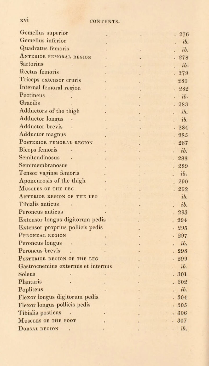 Gemellus superior . 270 Gemellus inferior ib. Quadratus femoris ih. Anteuior femoral region . 278 Sartorius lb. Rectus femoris . 279 Triceps extensor cruris 280 Internal femoral region . 282 Pectineus ib- Gracilis . 28.3 Adductors of the thigh . ih. Adductor longus ib. Adductor brevis - 284 Adductor magnus . 285 Posterior femoral region . 287 Biceps femoris ib. Semitendinosus . 288 Semimembranosus . 289 Tensor vaginae femoris . ib. Aponeurosis of the thigh . 290 Muscles of the leg . 292 Anterior region of the leg ib. Tibialis anticus ib. Peroneus anticus . 293 Extensor longus digitorum pedis . 294. Extensor propriiis pollicis pedis . 295 Peroneal region . 297 Peroneuslongus . ib. Peroneus brevis . 298 Posterior region of the leg . 299 Gastrocnemius externus et internus ib. Soleus . 301 Plantaris . 302 Popliteus . ih. Flexor longus digitorum pedis . 304 Flexor longus pollicis pedis • 305 Tibialis posticus . 300 Muscles of the foot . 307 .