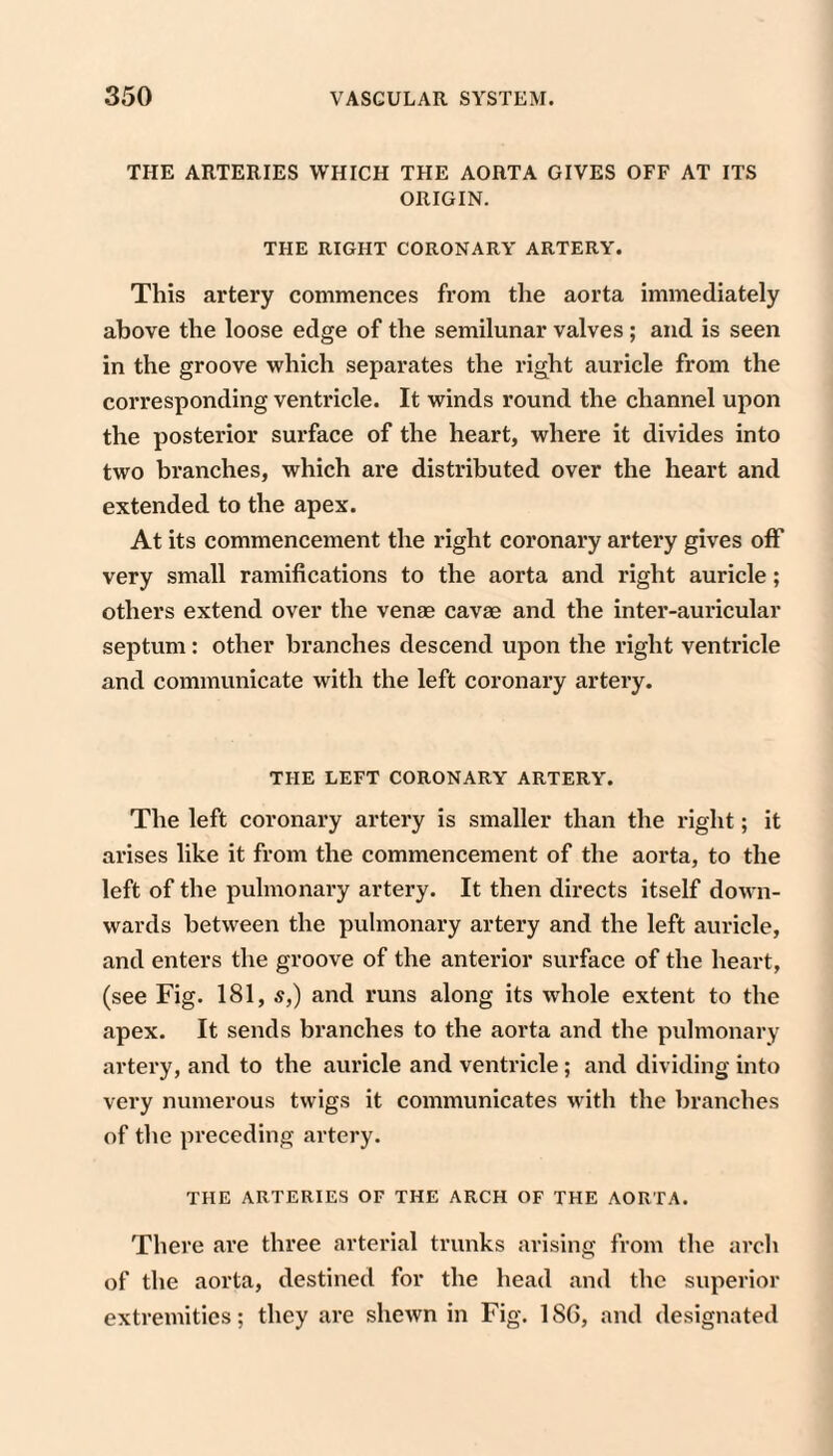 THE ARTERIES WHICH THE AORTA GIVES OFF AT ITS ORIGIN. THE RIGHT CORONARY ARTERY. This artery commences from the aorta immediately above the loose edge of the semilunar valves; and is seen in the groove which separates the right auricle from the corresponding ventricle. It winds round the channel upon the posterior surface of the heart, where it divides into two branches, which are distributed over the heart and extended to the apex. At its commencement the right coronary artery gives off very small ramifications to the aorta and right auricle; others extend over the venae cavae and the inter-auricular septum: other branches descend upon the right ventricle and communicate with the left coronary artery. THE LEFT CORONARY ARTERY. The left coronary artery is smaller than the right; it arises like it from the commencement of the aorta, to the left of the pulmonary artery. It then directs itself down¬ wards between the pulmonary artery and the left auricle, and enters the groove of the anterior surface of the heart, (see Fig. 181, s,) and runs along its whole extent to the apex. It sends branches to the aorta and the pulmonary artery, and to the auricle and ventricle; and dividing into very numerous twigs it communicates with the branches of the preceding artery. THE ARTERIES OF THE ARCH OF THE AORTA. There are three arterial trunks arising from the arch of the aorta, destined for the head and the superior extremities; they are shewn in Fig. 186, and designated