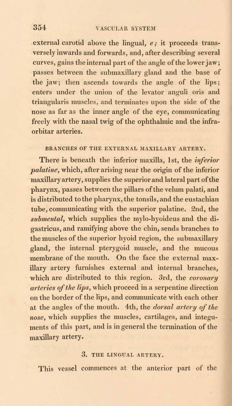 external carotid above the lingual, e; it proceeds trans¬ versely iiwards and forwards, and, after describing several curves, gains the internal part of the angle of the lower jaw; passes between the submaxillary gland and the base of the jaw; then ascends towards the angle of the lips; enters under the union of the levator anguli oris and triangularis muscles, and terminates upon the side of the nose as far as the inner angle of the eye, communicating freely with the nasal twig of the ophthalmic and the infra- orbitar arteries. BRANCHES OF THE EXTERNAL MAXILLARY ARTERY. There is beneath the inferior maxilla, 1st, the inferior imlatine, which, after arising near the origin of the inferior maxillary artery, supplies the superior and lateral part of the pharynx, passes between the pillars of the velum palati, and is distributed to the pharynx, the tonsils, and the eustachian tube, communicating with the superior palatine. 2nd, the submental, which supplies the mylo-hyoideus and the di- gastricus, and ramifying above the chin, sends branches to the muscles of the superior hyoid region, the submaxillary gland, the internal pterygoid muscle, and the mucous membrane of the mouth. On the face the external max¬ illary artery furnishes external and internal branches, which are distributed to this region. 3rd, the coronary arteries of the lips, which proceed in a serpentine direction on the border of the lips, and communicate with each other at the angles of the mouth. 4th, the dorsal artery of the nose, which supplies the muscles, cartilages, and integu¬ ments of this part, and is in general the termination of the maxillary artery. 3. THE LINGUAL ARTERY. This vessel commences at the anterior part of the